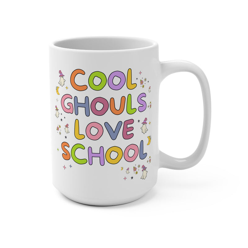 Cute Halloween Teacher Coffee Mug with Ghosts: Cool Ghouls Love School, Silly Kindergarten Teacher 15 Oz Mug with Stars, Floral Halloween - Opal and June