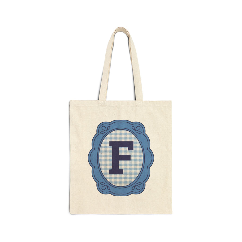 Cute Initial Tote Bag for Daughter, Gingham Birthday Present for Niece, Cousin or Sister, Pretty Matching Bachelorette Tote for Bridesmaid F - Opal and June