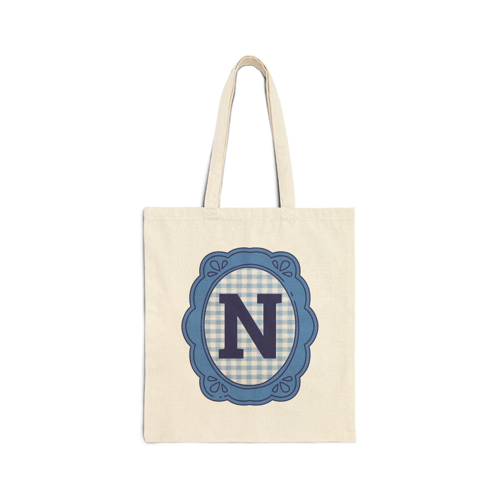 Cute Initial Tote Bag for Daughter, Gingham Birthday Present for Niece, Cousin or Sister, Pretty Matching Bachelorette Tote for Bridesmaid N - Opal and June