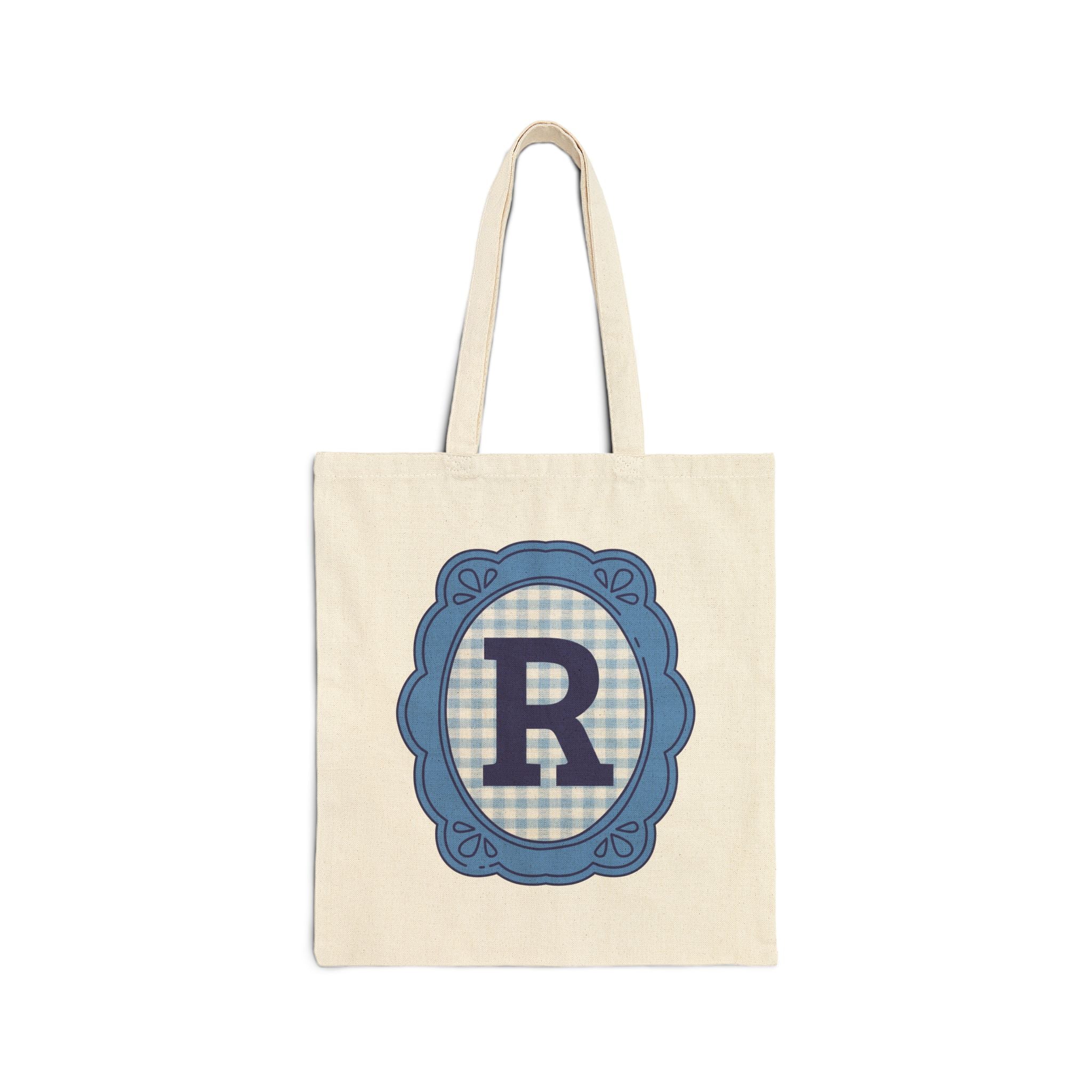 Cute Initial Tote Bag for Daughter, Gingham Birthday Present for Niece, Cousin or Sister, Pretty Matching Bachelorette Tote for Bridesmaid R - Opal and June