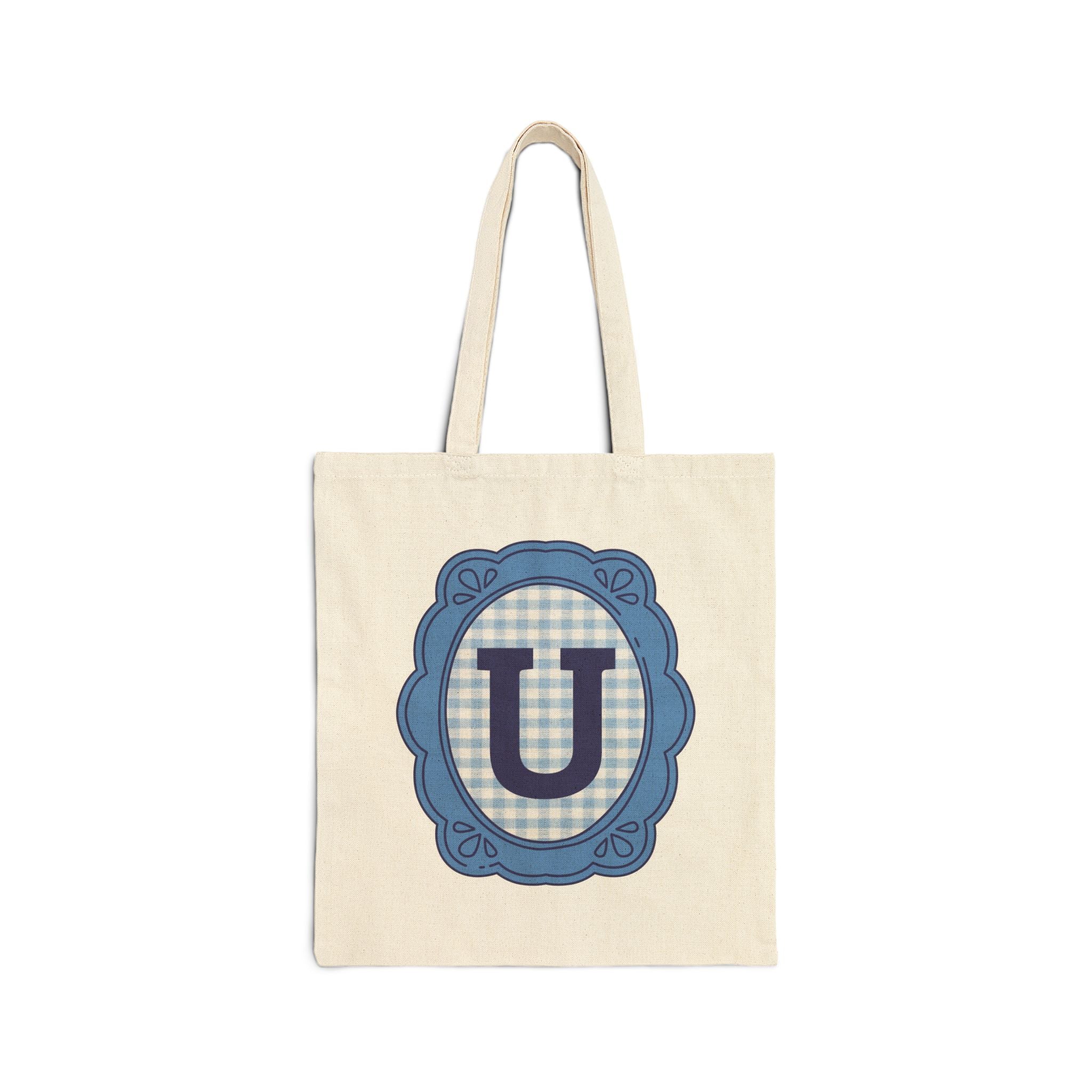 Cute Initial Tote Bag for Daughter, Gingham Birthday Present for Niece, Cousin or Sister, Pretty Matching Bachelorette Tote for Bridesmaid U - Opal and June