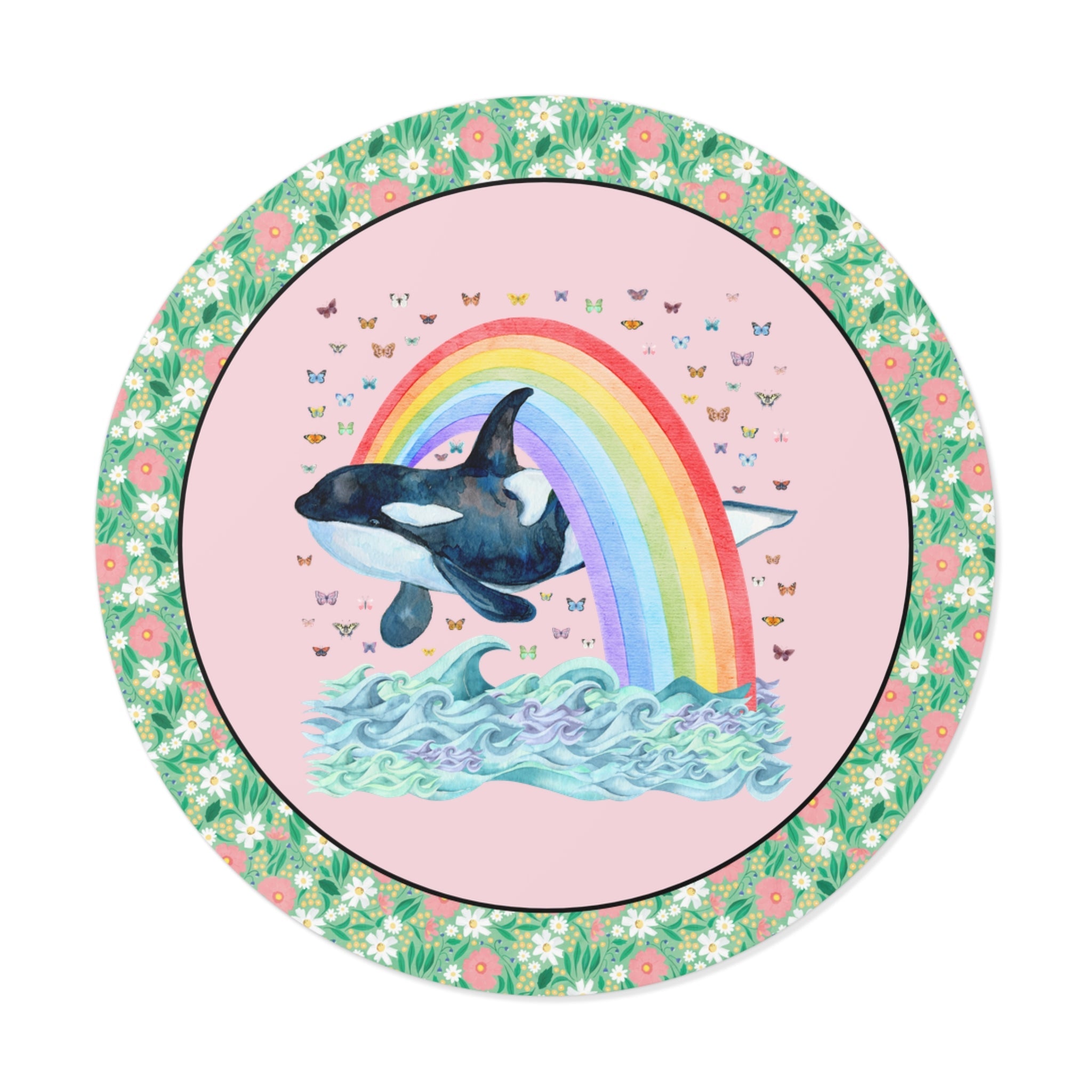 Cute Killer Whale Ocean Animal Sticker with Rainbow and Butterflies, Funny Animal Lover Shirt of Orca Whale, Nineties Aesthetic Animal Gift - Opal and June