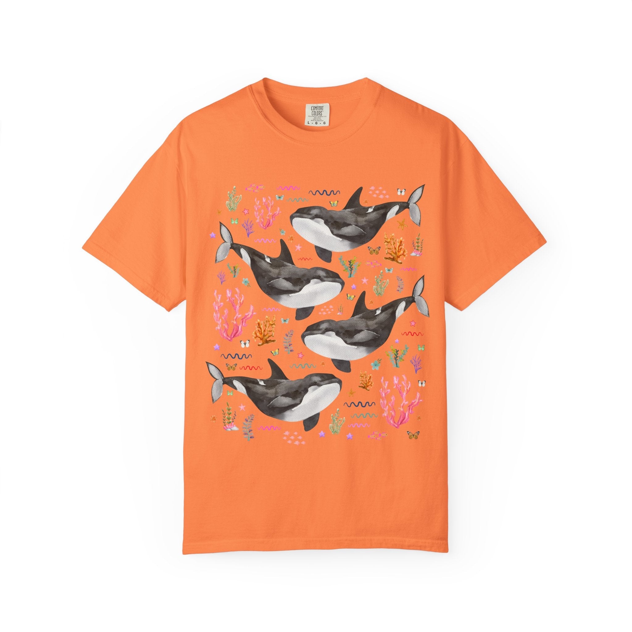Cute Killer Whale Ocean Animal Tee Shirt with Butterflies and Coral, Funny Animal Lover Shirt of Orca Whale, Nineties Aesthetic Animal Tee - Opal and June
