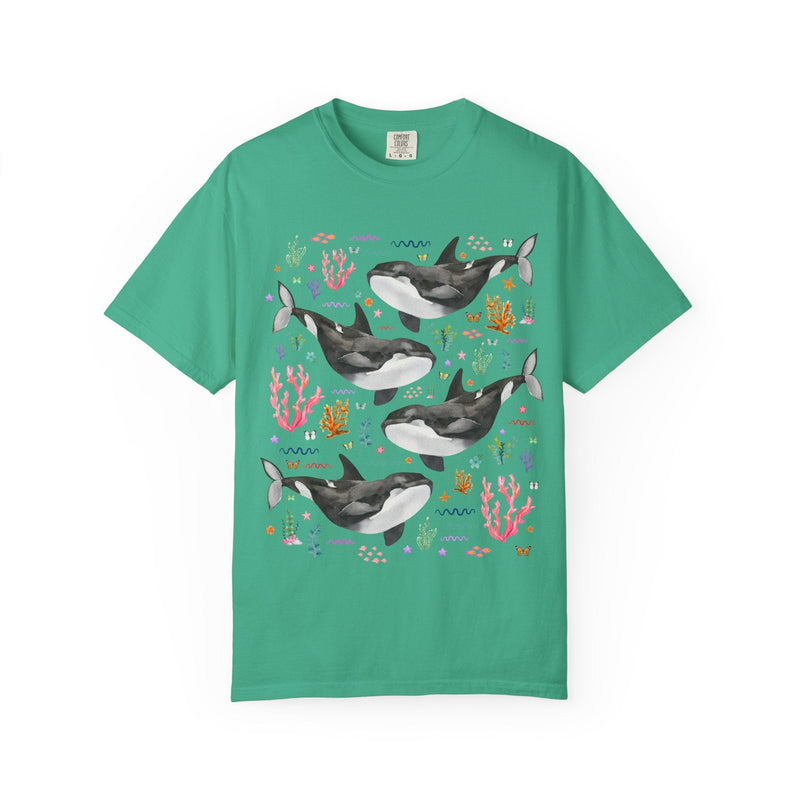 Cute Killer Whale Ocean Animal Tee Shirt with Butterflies and Coral, Funny Animal Lover Shirt of Orca Whale, Nineties Aesthetic Animal Tee - Opal and June