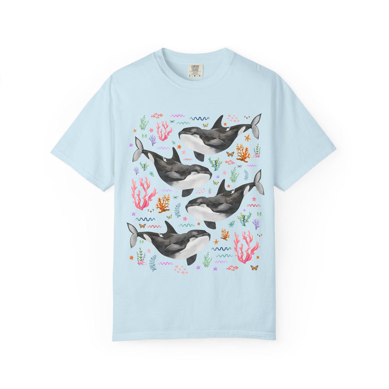 Cute Killer Whale Ocean Animal Tee Shirt with Butterflies and Coral, Funny Animal Lover Shirt of Orca Whale, Nineties Aesthetic Animal Tee - Opal and June