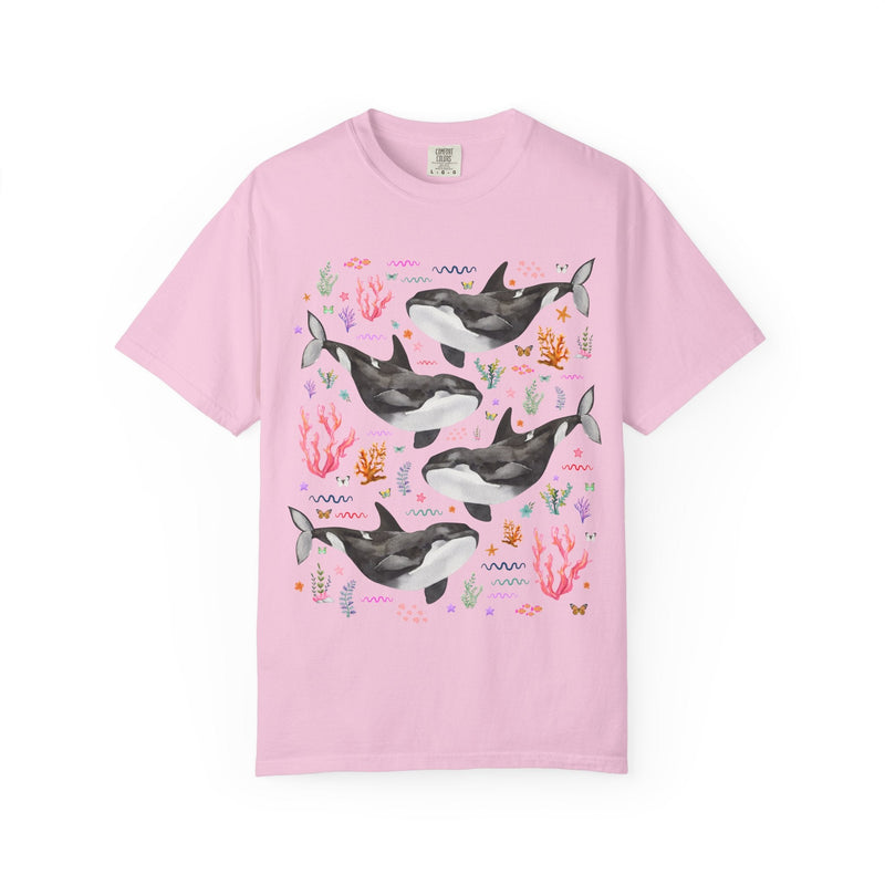 Cute Killer Whale Ocean Animal Tee Shirt with Butterflies and Coral, Funny Animal Lover Shirt of Orca Whale, Nineties Aesthetic Animal Tee - Opal and June