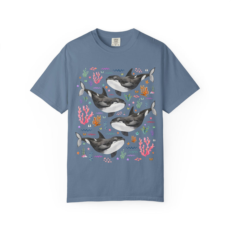 Cute Killer Whale Ocean Animal Tee Shirt with Butterflies and Coral, Funny Animal Lover Shirt of Orca Whale, Nineties Aesthetic Animal Tee - Opal and June