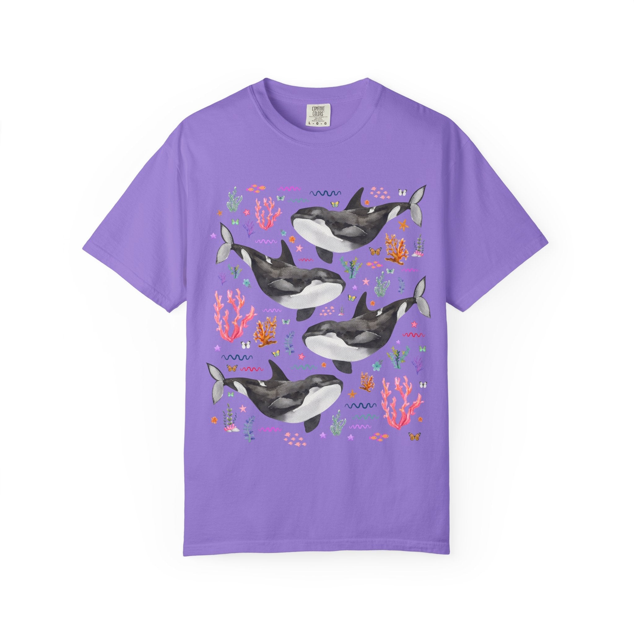 Cute Killer Whale Ocean Animal Tee Shirt with Butterflies and Coral, Funny Animal Lover Shirt of Orca Whale, Nineties Aesthetic Animal Tee - Opal and June