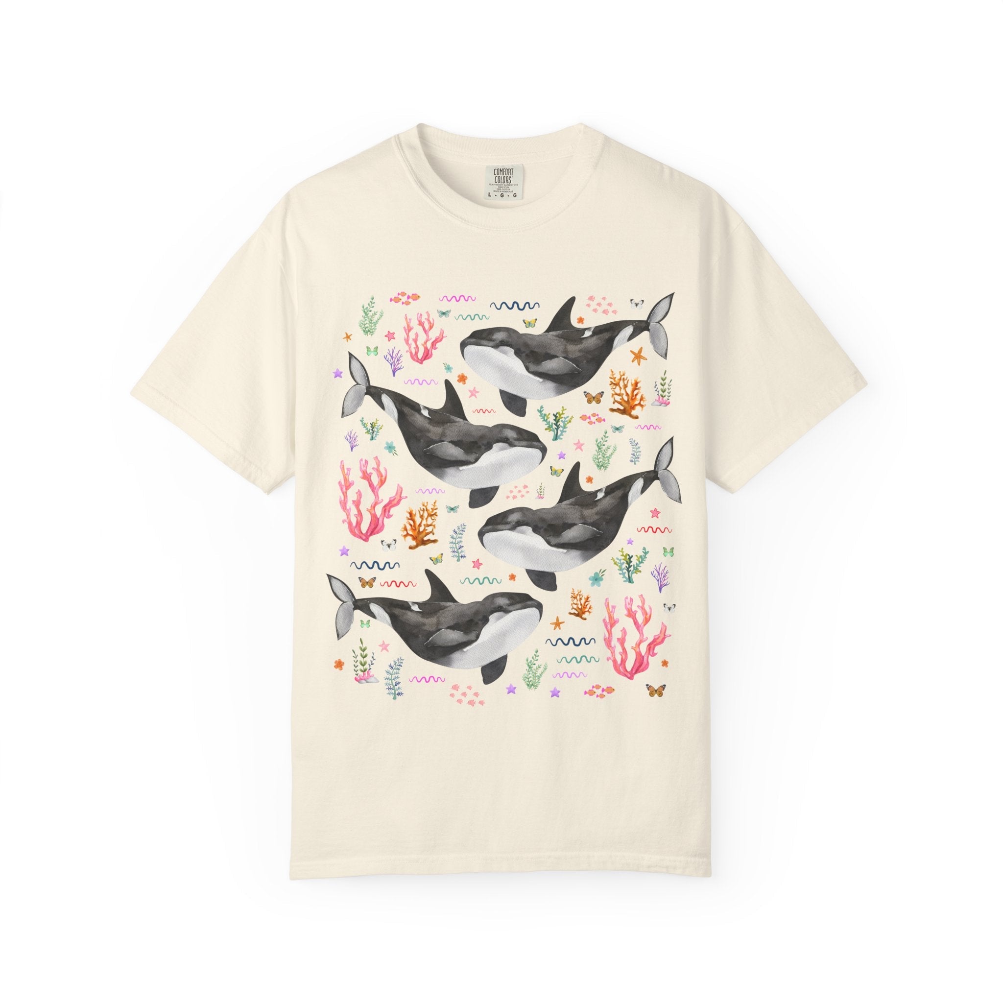 Cute Killer Whale Ocean Animal Tee Shirt with Butterflies and Coral, Funny Animal Lover Shirt of Orca Whale, Nineties Aesthetic Animal Tee - Opal and June