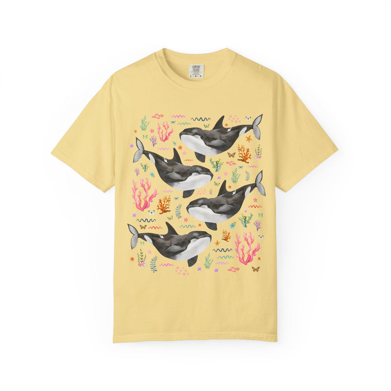 Cute Killer Whale Ocean Animal Tee Shirt with Butterflies and Coral, Funny Animal Lover Shirt of Orca Whale, Nineties Aesthetic Animal Tee - Opal and June