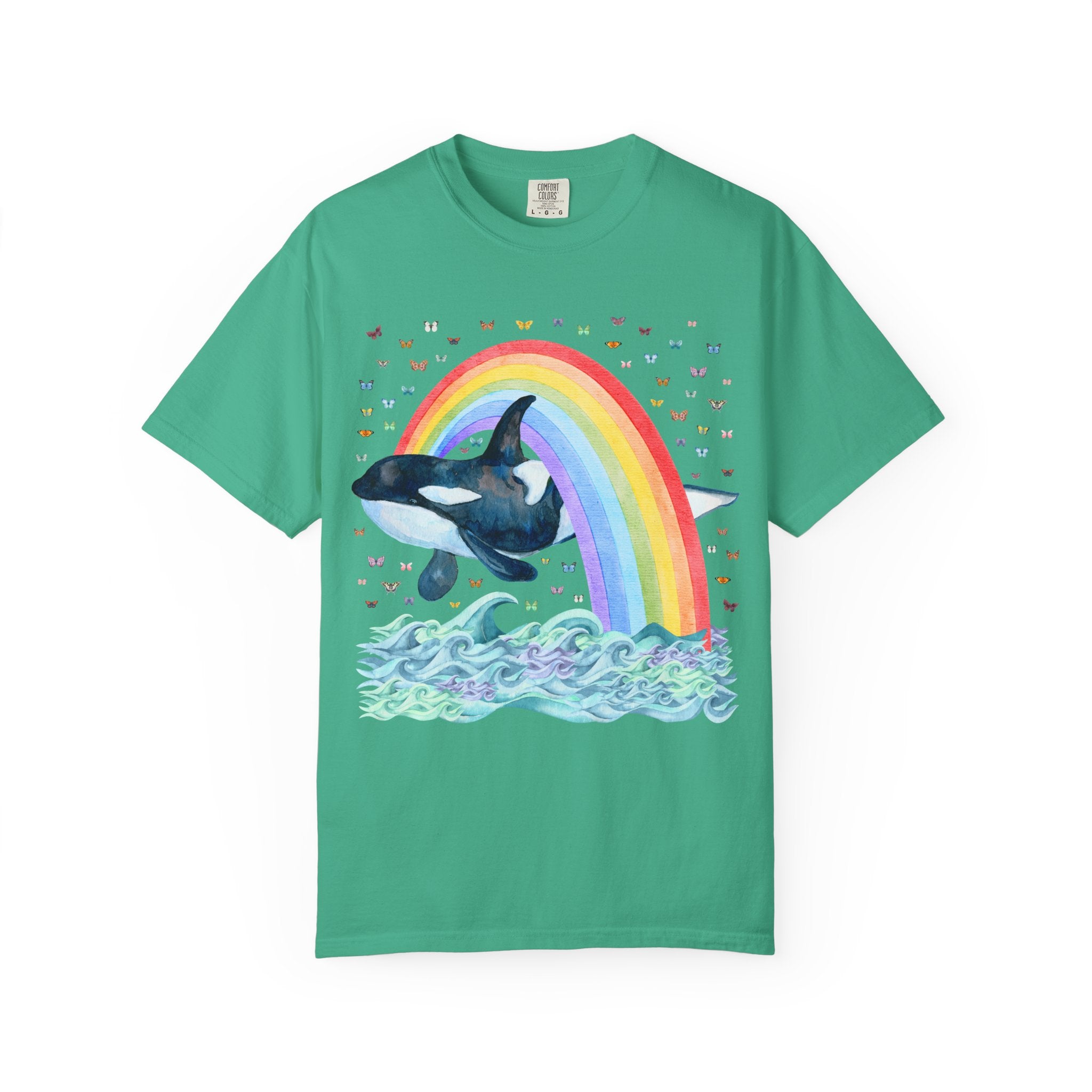Cute Killer Whale Ocean Animal Tee Shirt with Rainbow and Butterflies, Funny Animal Lover Shirt of Orca Whale, Nineties Aesthetic Animal Tee - Opal and June