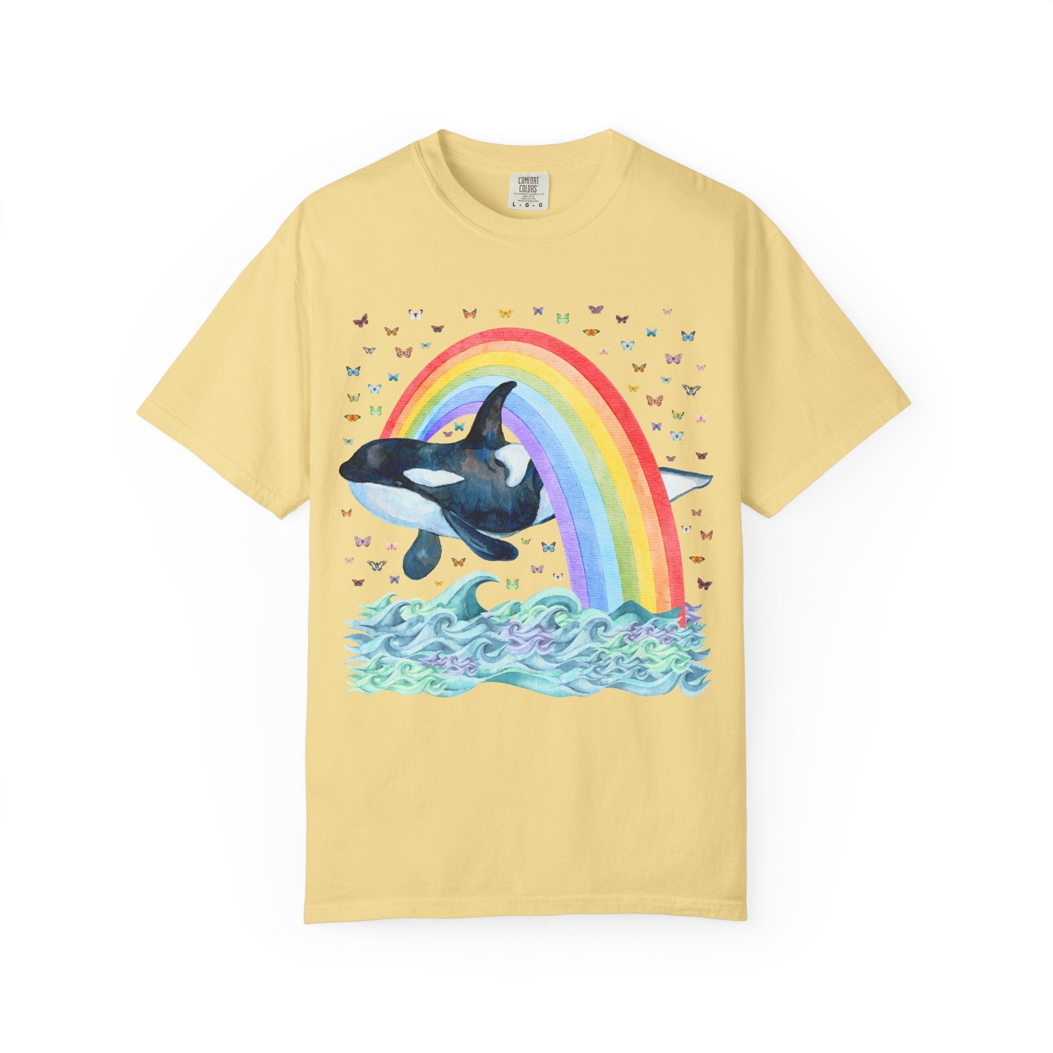 Cute Killer Whale Ocean Animal Tee Shirt with Rainbow and Butterflies, Funny Animal Lover Shirt of Orca Whale, Nineties Aesthetic Animal Tee - Opal and June