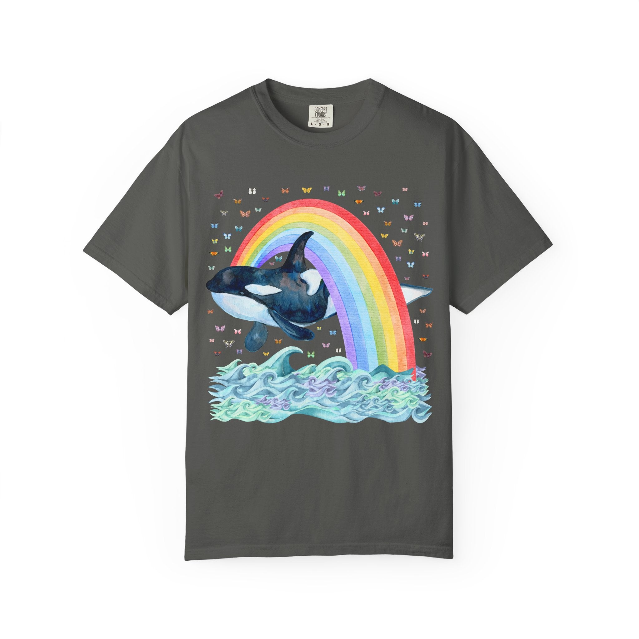 Cute Killer Whale Ocean Animal Tee Shirt with Rainbow and Butterflies, Funny Animal Lover Shirt of Orca Whale, Nineties Aesthetic Animal Tee - Opal and June