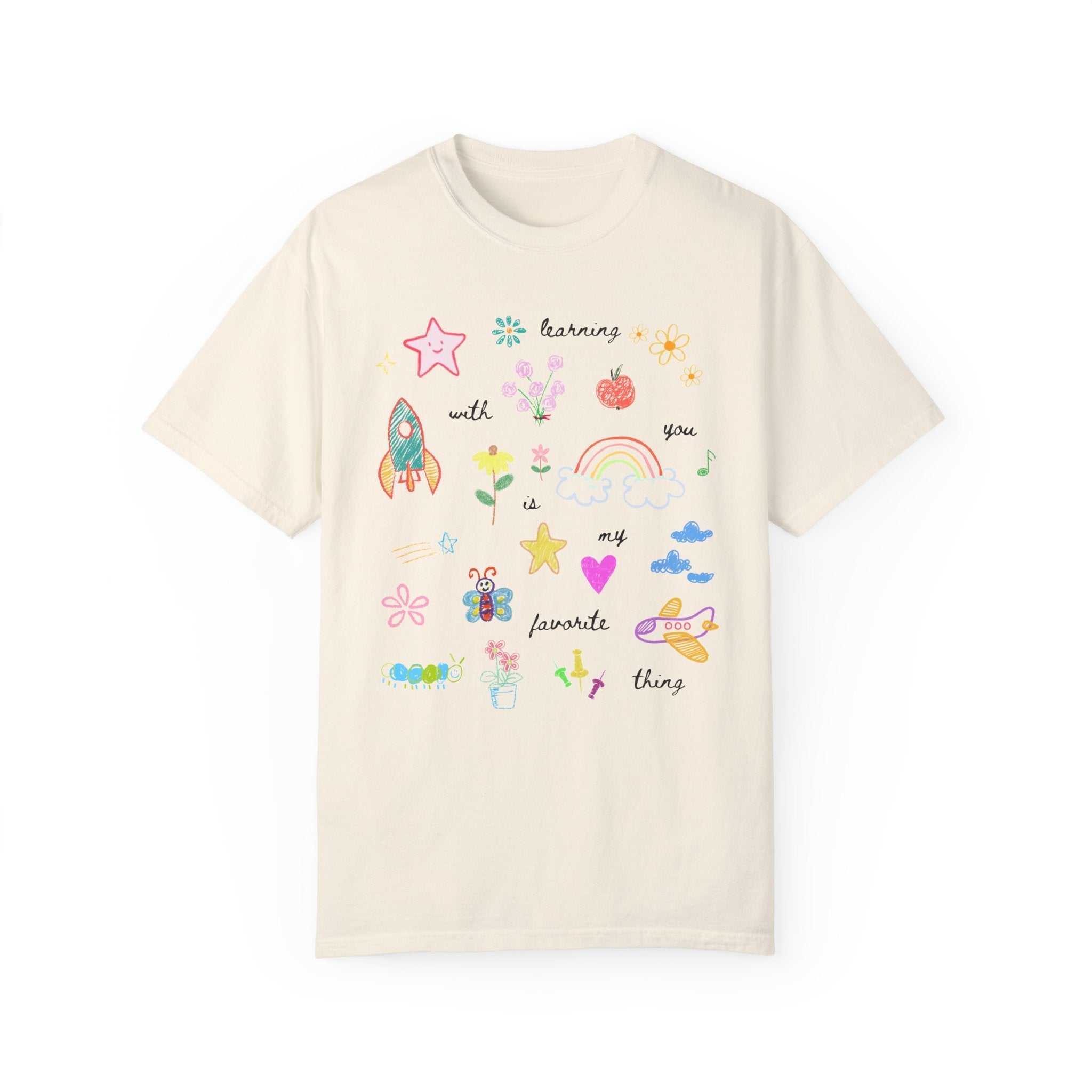 Cute Kindergarten Crew T-Shirt, First Grade Teacher Tee, Adorable Y2K Aesthetic Doodles, School Principal or Librarian Shirt, Back to School - Opal and June