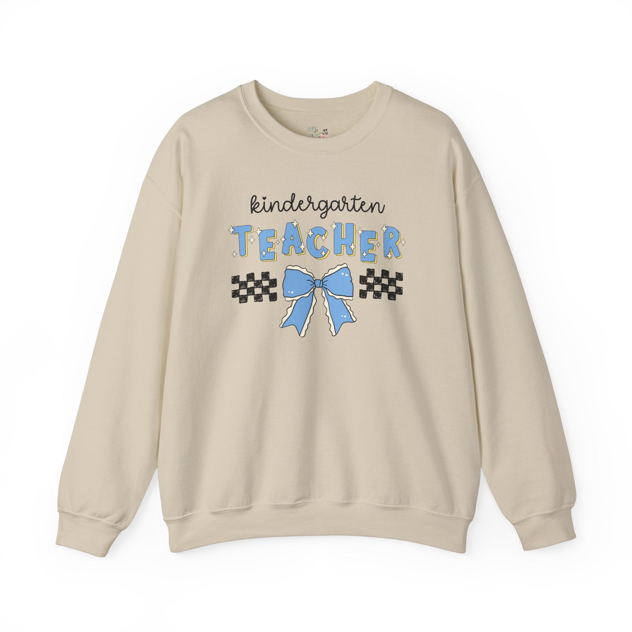 Cute Kindergarten Teacher Sweatshirt with Bow, Kindergarten Crew Matching Teacher Shirt for First Day of School or Meet Your Teacher Night - Opal and June