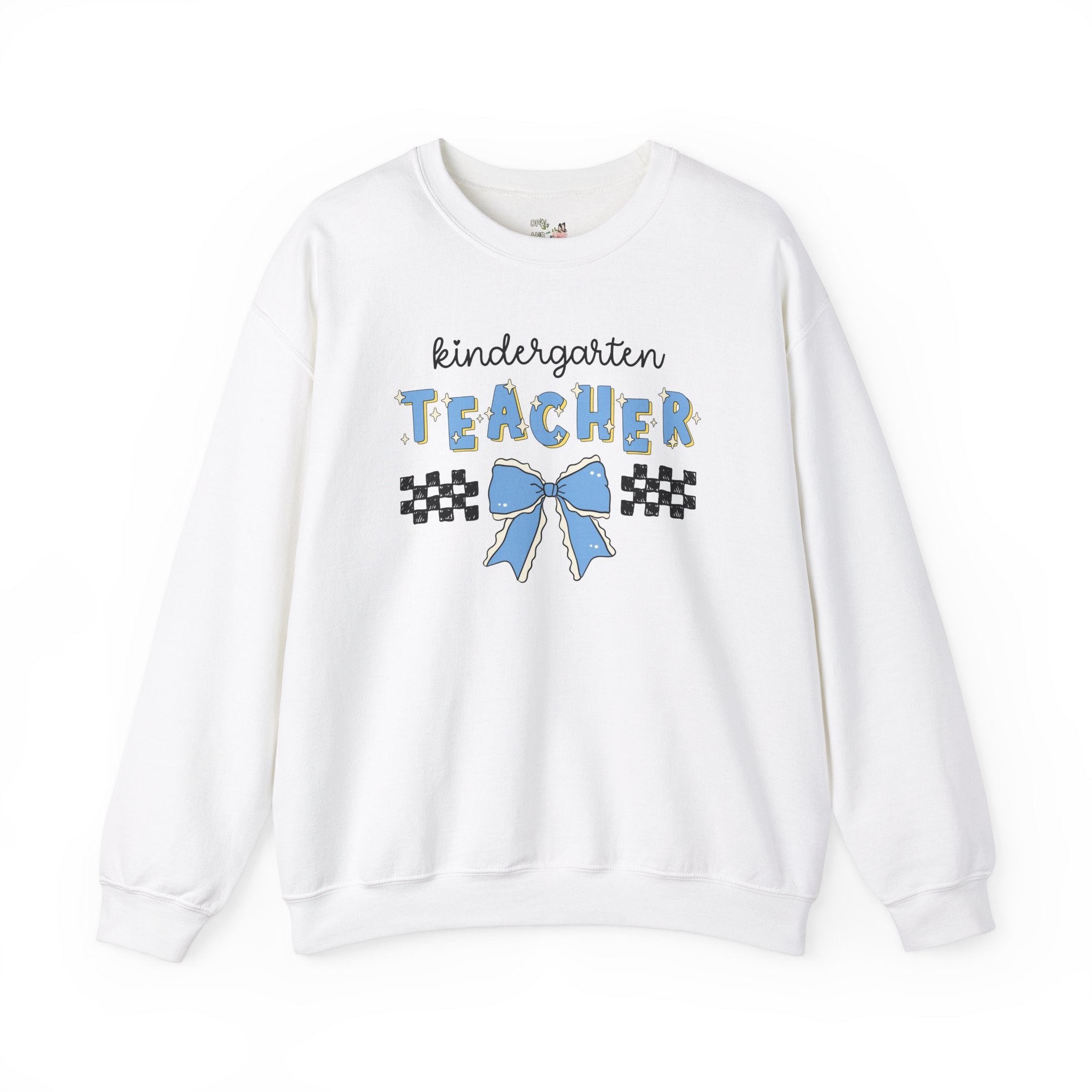 Cute Kindergarten Teacher Sweatshirt with Bow, Kindergarten Crew Matching Teacher Shirt for First Day of School or Meet Your Teacher Night - Opal and June
