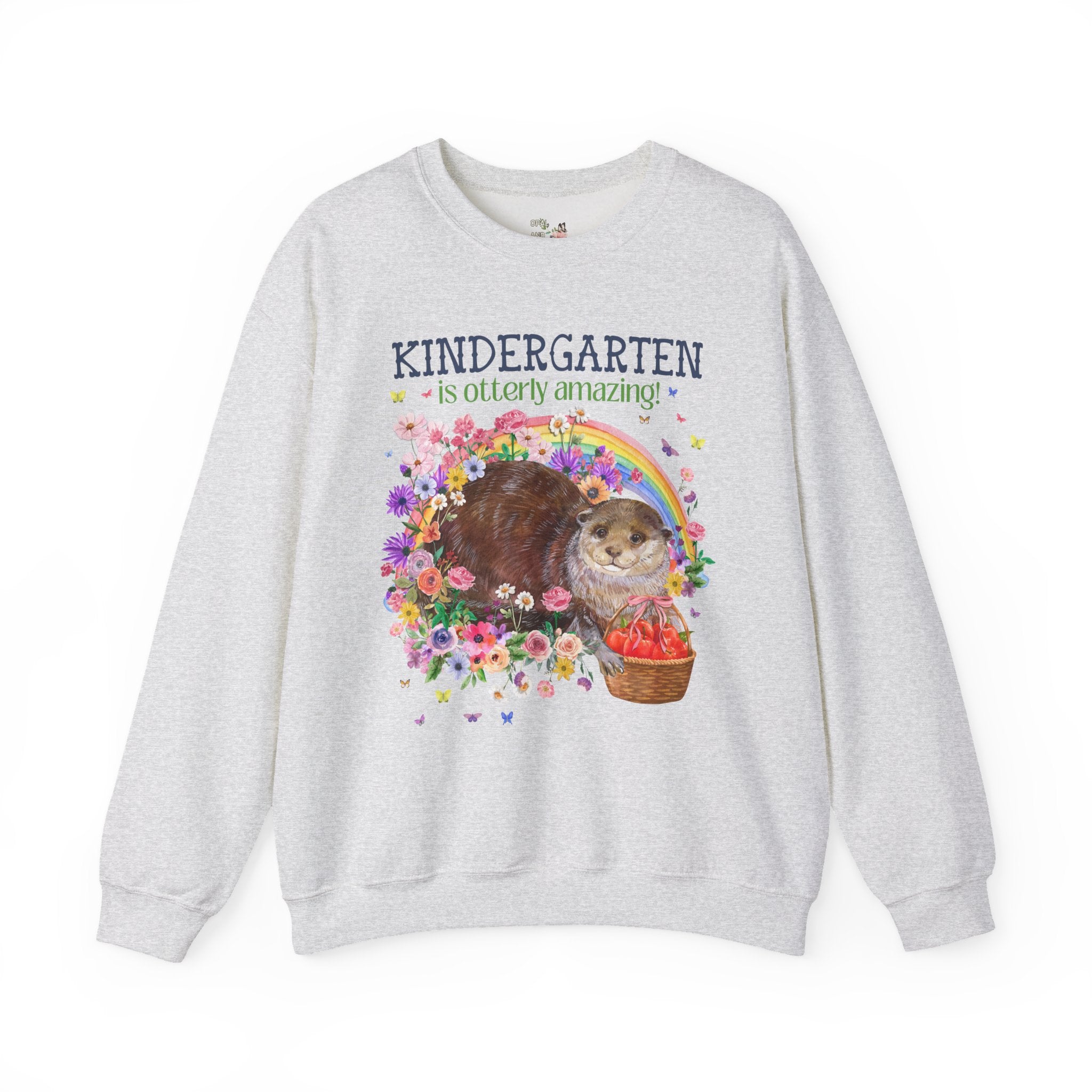 Cute Kindergarten Teacher Sweatshirt with Otter in Flowers, Funny 90s Throwback Animal Lover Crewneck for Back to School, New Teacher Gift - Opal and June