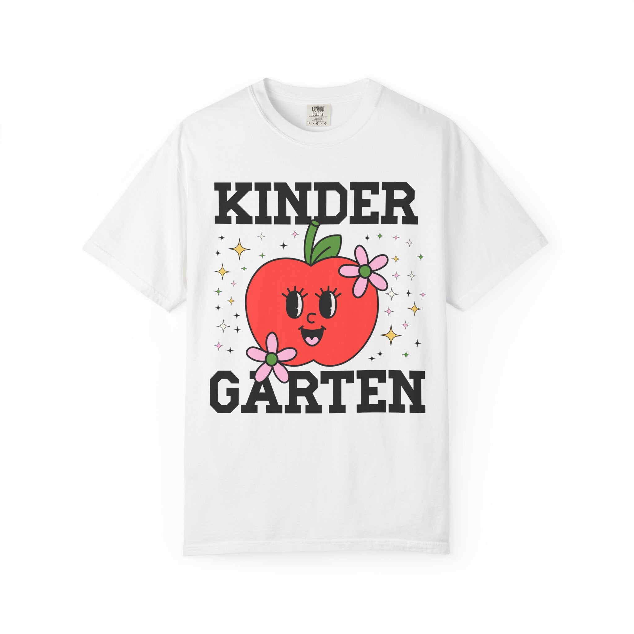 Cute Kindergarten Teacher Tee Shirt with Adorable Retro Apple with Flowers, Teacher Team T-Shirt, Back to School or Meet the Teacher Night - Opal and June