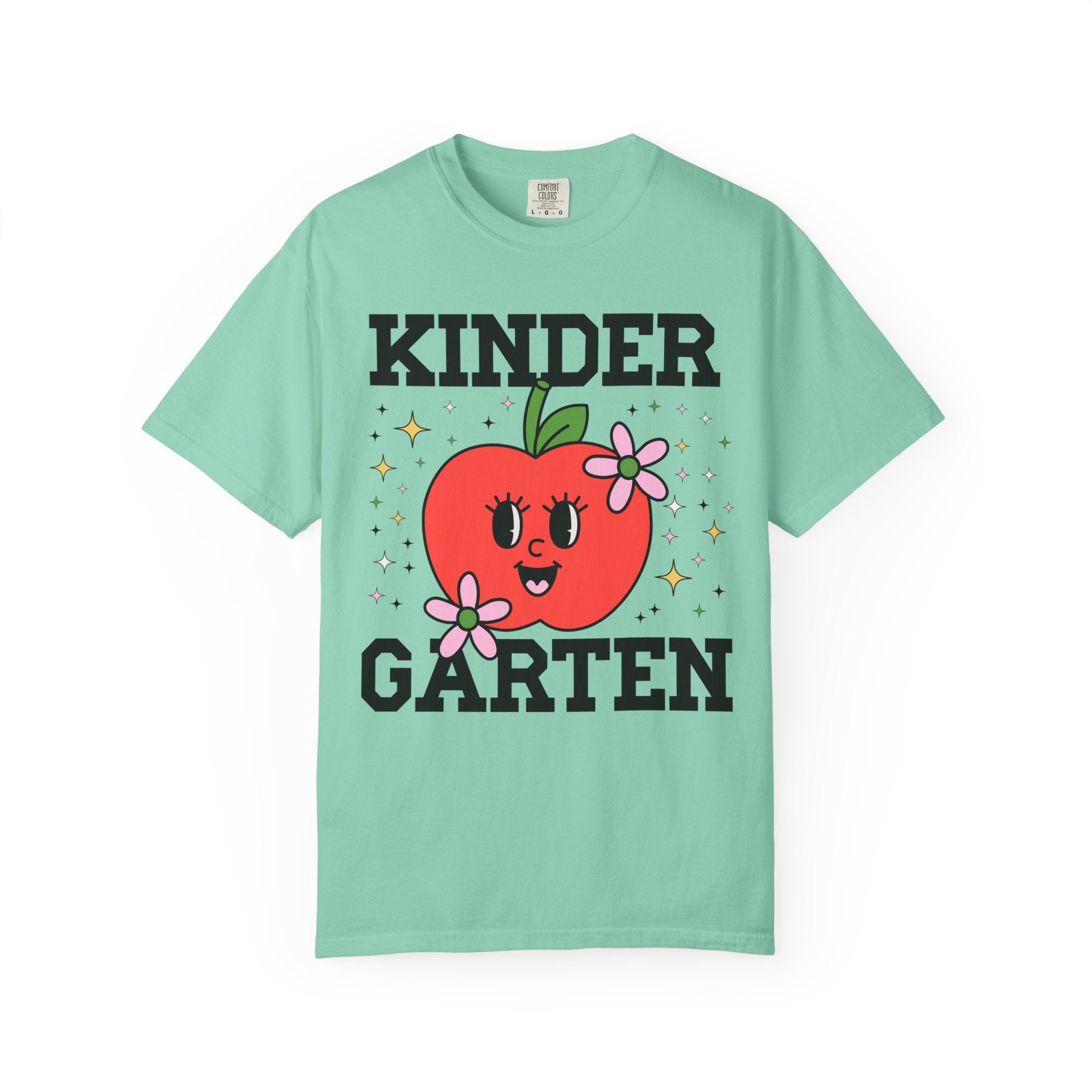 Cute Kindergarten Teacher Tee Shirt with Adorable Retro Apple with Flowers, Teacher Team T-Shirt, Back to School or Meet the Teacher Night - Opal and June