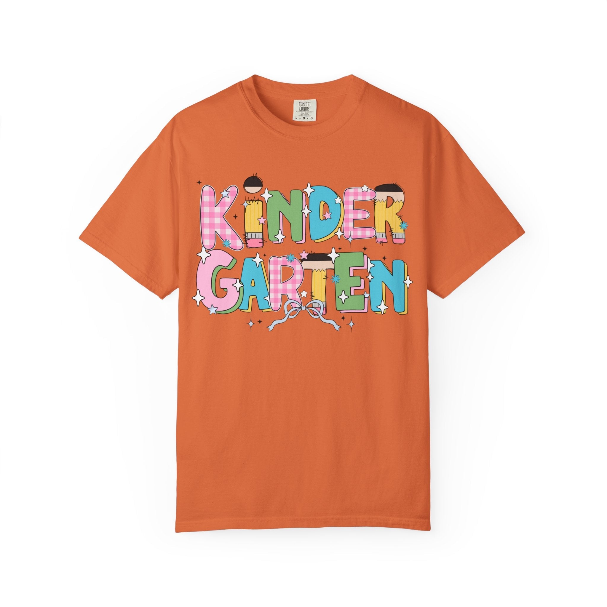 Cute Kindergarten Teacher Tee Shirt with Bow and Adorable Early 2000s Style Doodles, Teacher Team Tee, Back to School, First Day of School - Opal and June