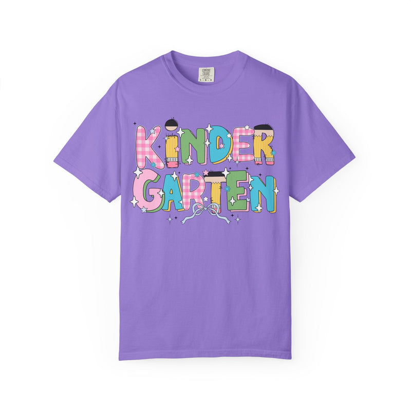 Cute Kindergarten Teacher Tee Shirt with Bow and Adorable Early 2000s Style Doodles, Teacher Team Tee, Back to School, First Day of School - Opal and June