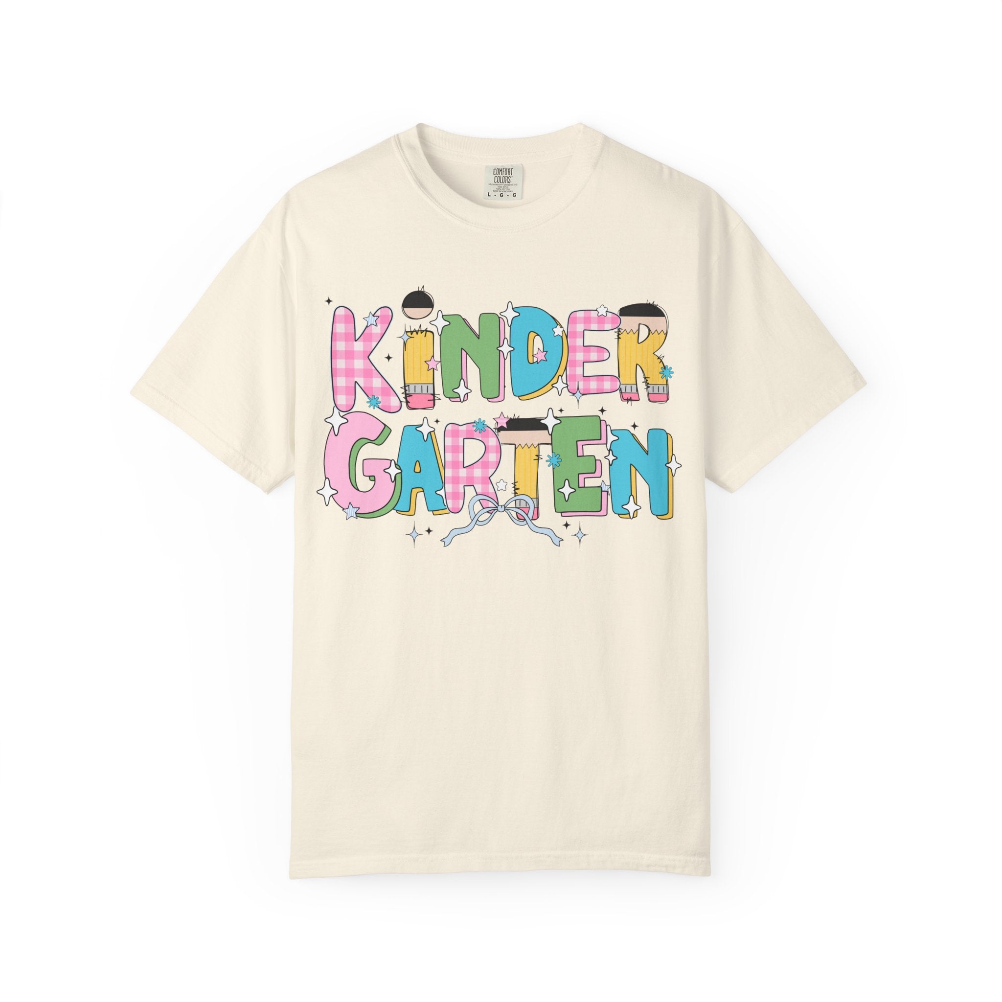Cute Kindergarten Teacher Tee Shirt with Bow and Adorable Early 2000s Style Doodles, Teacher Team Tee, Back to School, First Day of School - Opal and June