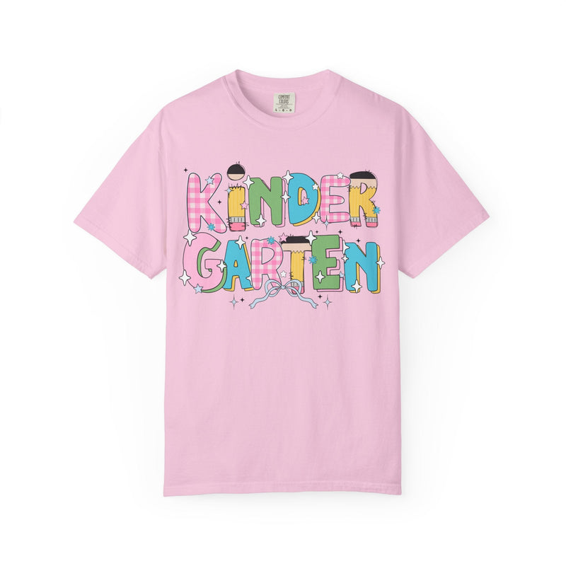 Cute Kindergarten Teacher Tee Shirt with Bow and Adorable Early 2000s Style Doodles, Teacher Team Tee, Back to School, First Day of School - Opal and June