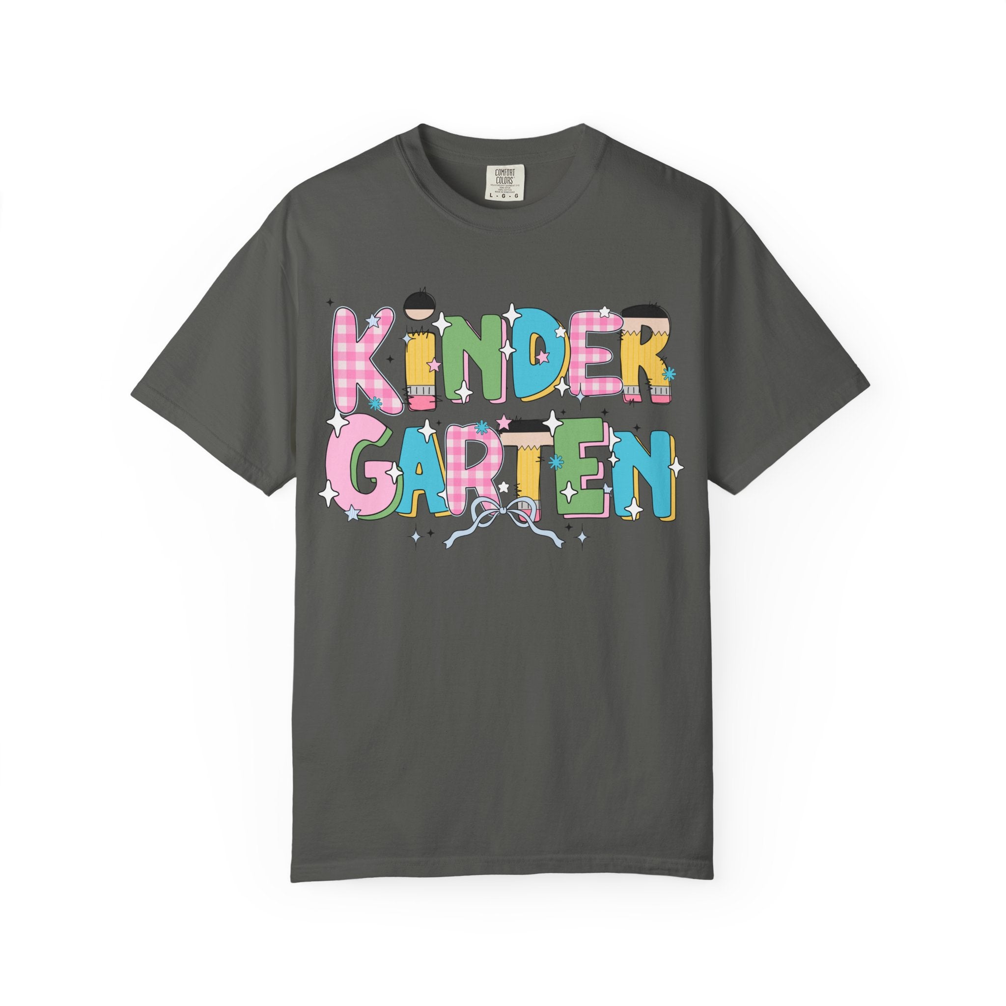 Cute Kindergarten Teacher Tee Shirt with Bow and Adorable Early 2000s Style Doodles, Teacher Team Tee, Back to School, First Day of School - Opal and June