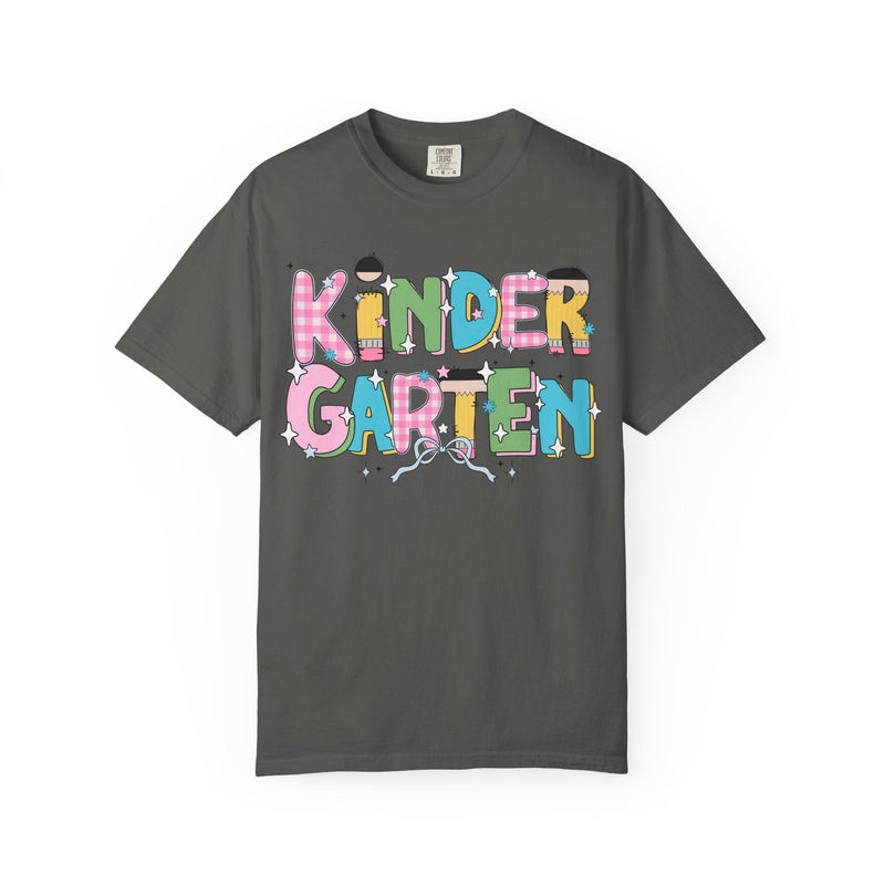 Cute Kindergarten Teacher Tee Shirt with Bow and Adorable Early 2000s Style Doodles, Teacher Team Tee, Back to School, First Day of School - Opal and June
