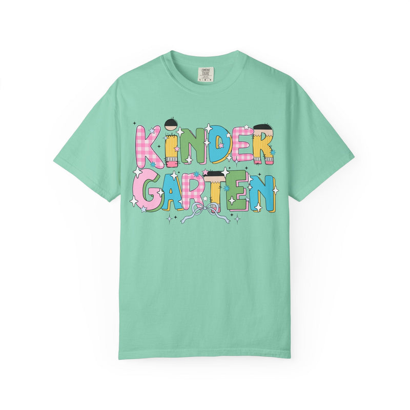 Cute Kindergarten Teacher Tee Shirt with Bow and Adorable Early 2000s Style Doodles, Teacher Team Tee, Back to School, First Day of School - Opal and June