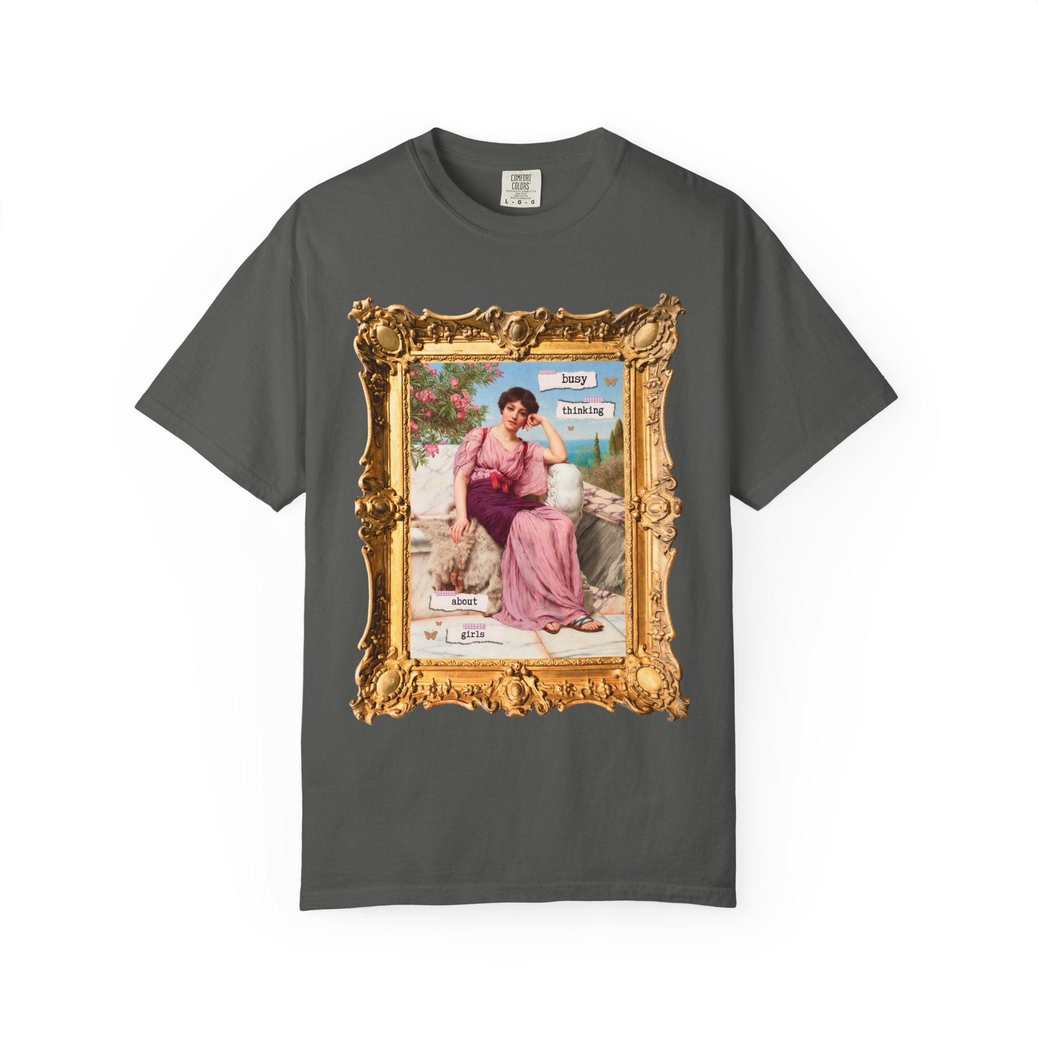 Cute Lesbian Tee Shirt: Busy Thinking Abut Girls, Funny Saying Pride Month T-Shirt for Gay Sister, John William Goddard Art History Painting - Opal and June