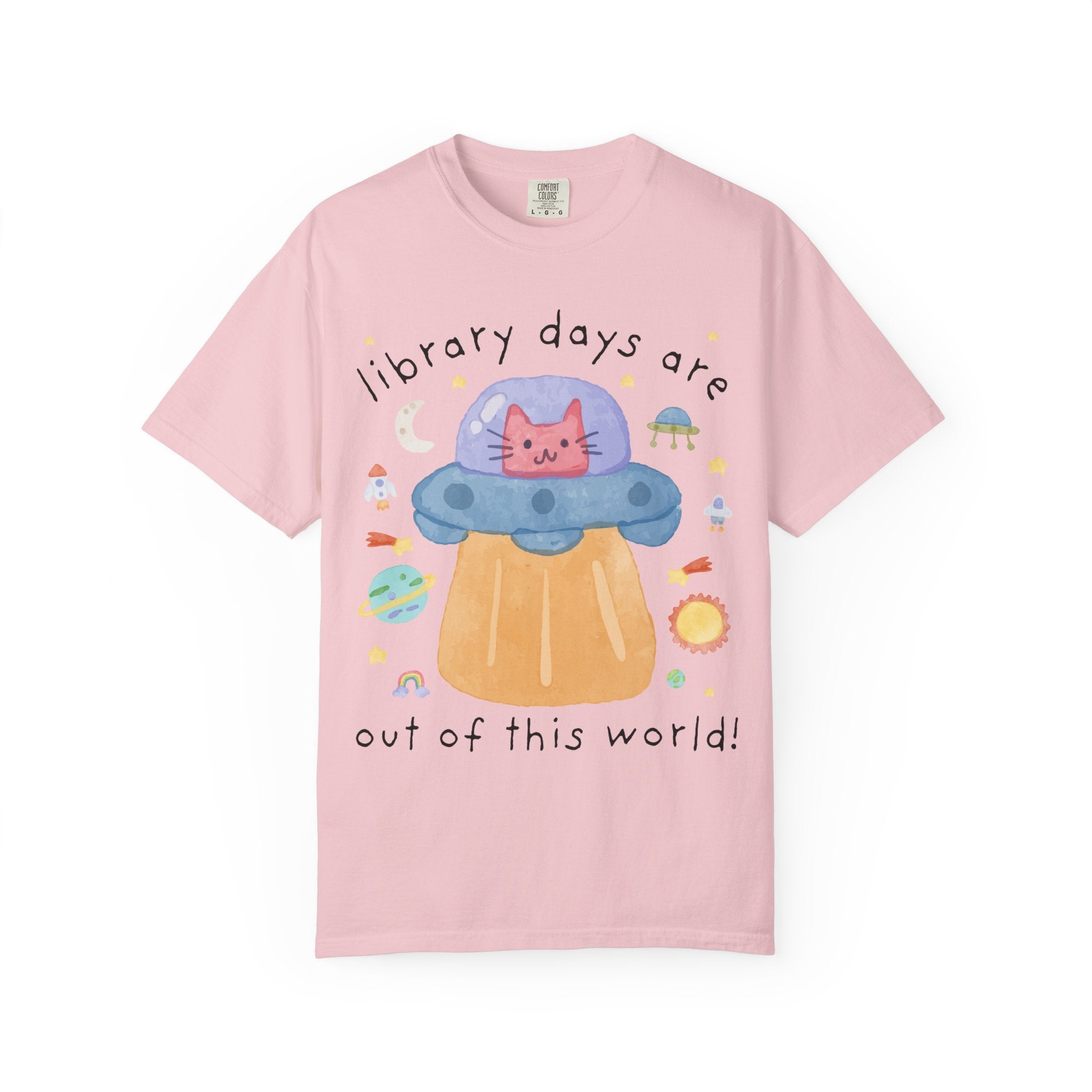Cute Librarian Tee Shirt, Cat Lover, Funny Saying Bookish Cat Mom or Cat Dad Tee with UFO, Silly Dreamcore Tee, Elementary School Librarian - Opal and June