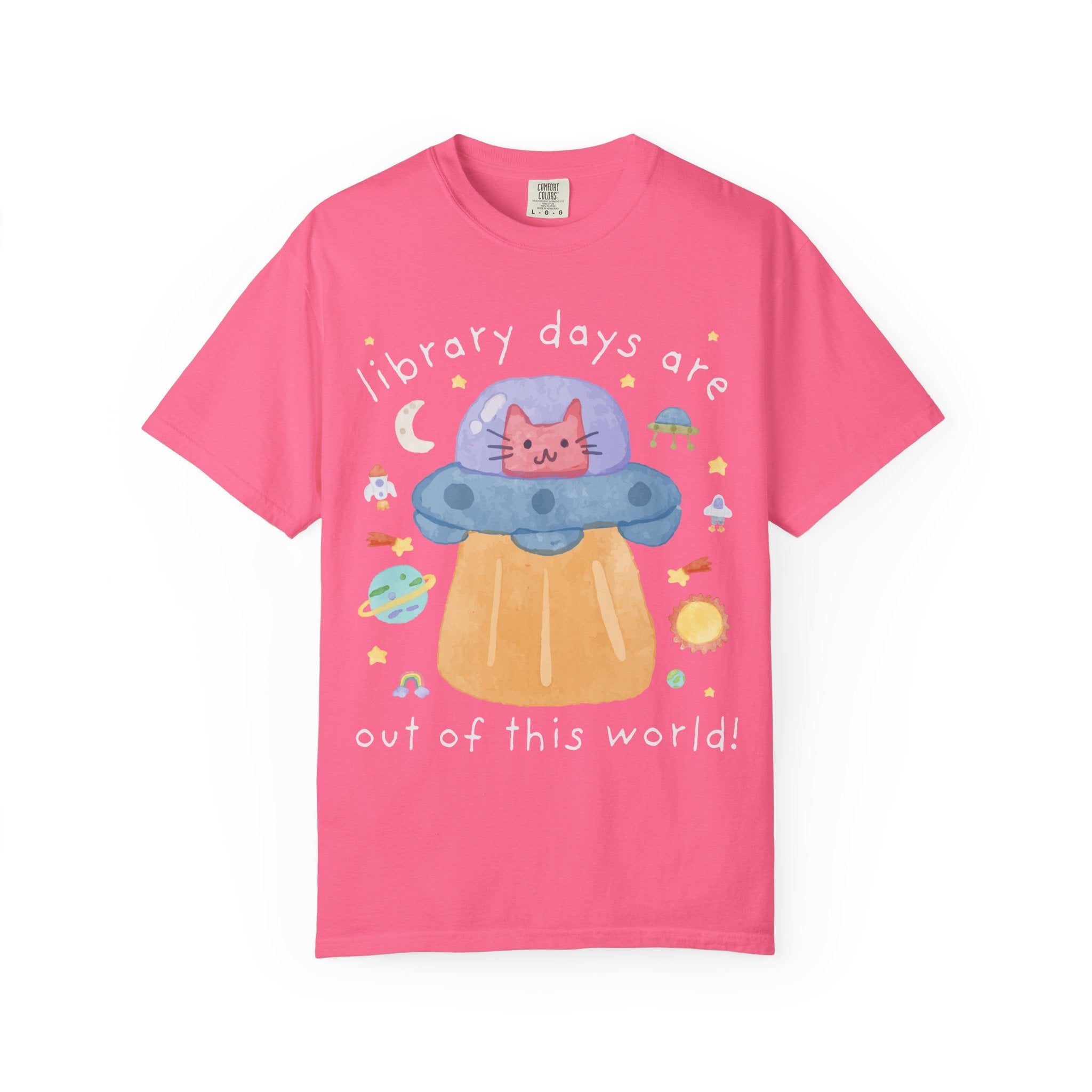 Cute Librarian Tee Shirt, Cat Lover, Funny Saying Bookish Cat Mom or Cat Dad Tee with UFO, Silly Dreamcore Tee, Elementary School Librarian - Opal and June