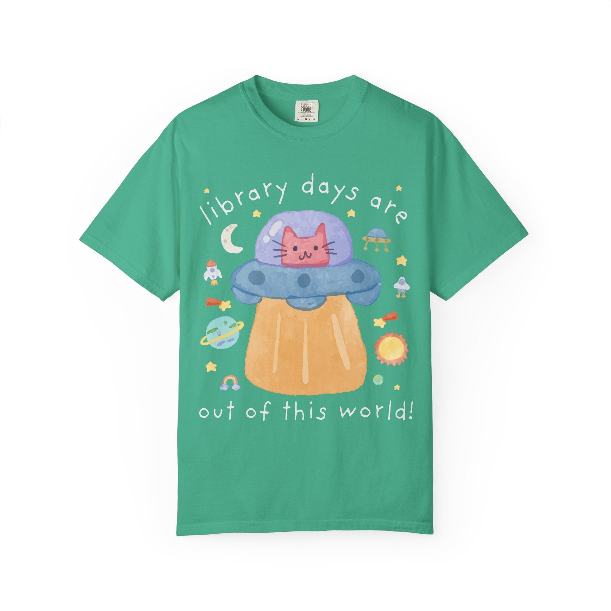 Cute Librarian Tee Shirt, Cat Lover, Funny Saying Bookish Cat Mom or Cat Dad Tee with UFO, Silly Dreamcore Tee, Elementary School Librarian - Opal and June