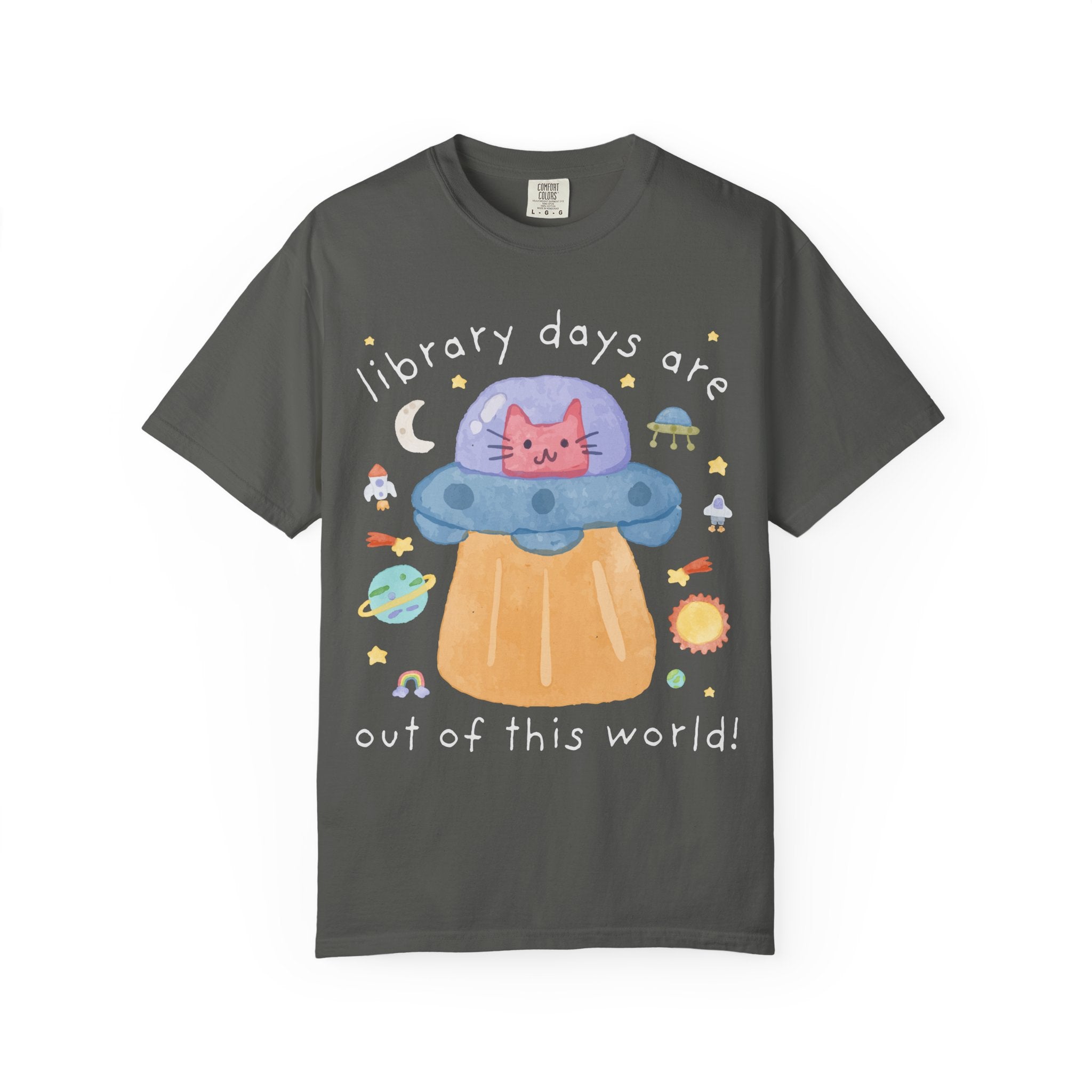 Cute Librarian Tee Shirt, Cat Lover, Funny Saying Bookish Cat Mom or Cat Dad Tee with UFO, Silly Dreamcore Tee, Elementary School Librarian - Opal and June