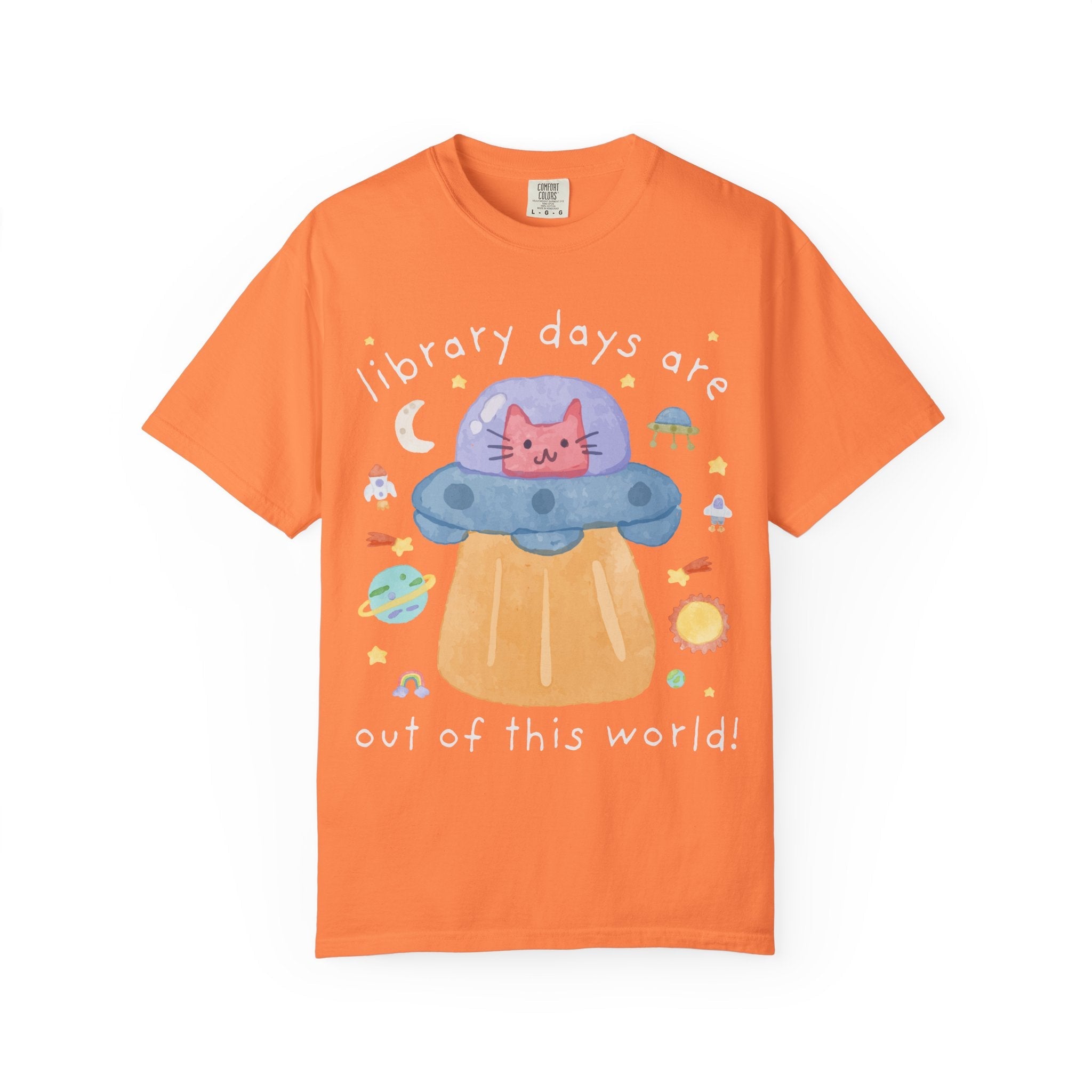 Cute Librarian Tee Shirt, Cat Lover, Funny Saying Bookish Cat Mom or Cat Dad Tee with UFO, Silly Dreamcore Tee, Elementary School Librarian - Opal and June
