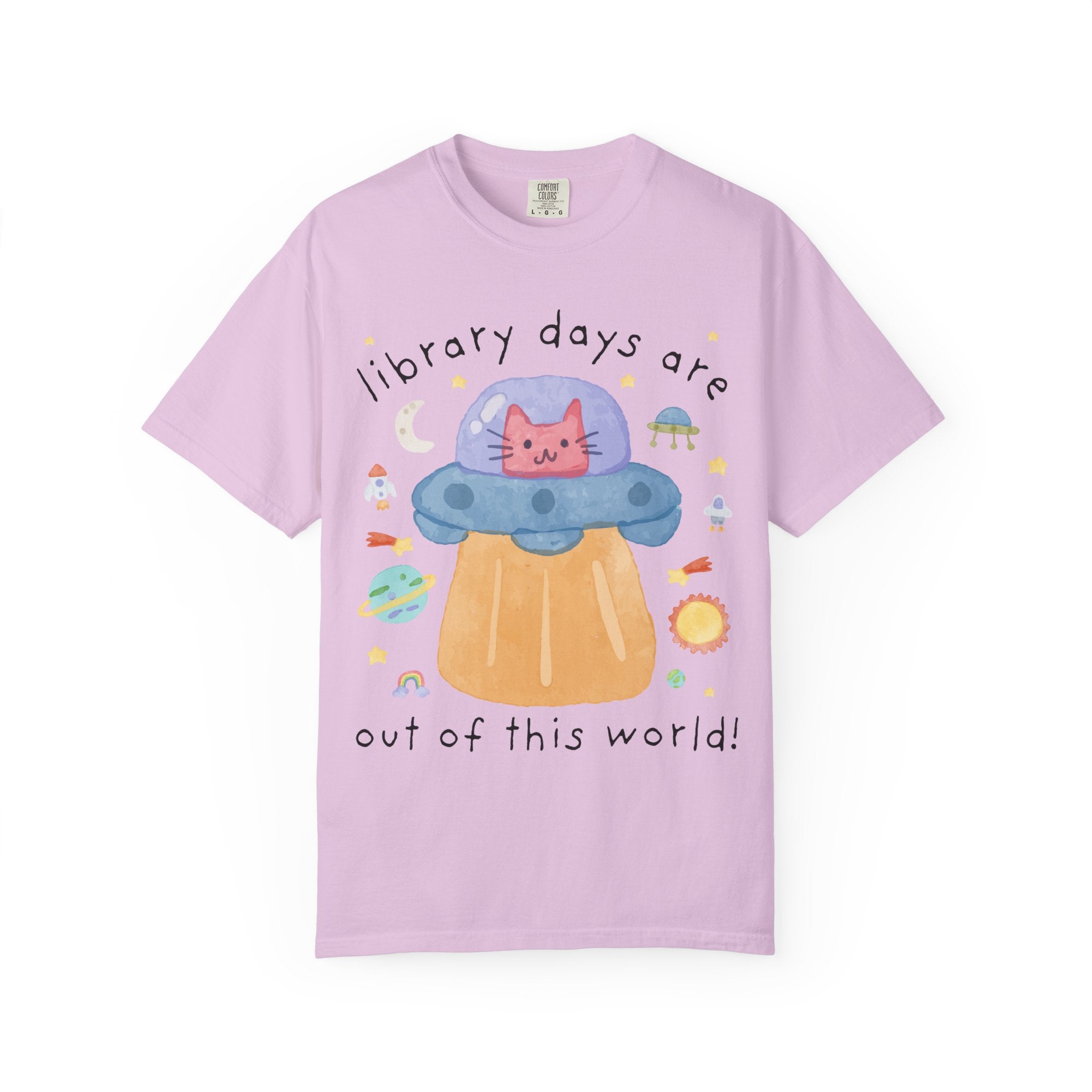 Cute Librarian Tee Shirt, Cat Lover, Funny Saying Bookish Cat Mom or Cat Dad Tee with UFO, Silly Dreamcore Tee, Elementary School Librarian - Opal and June