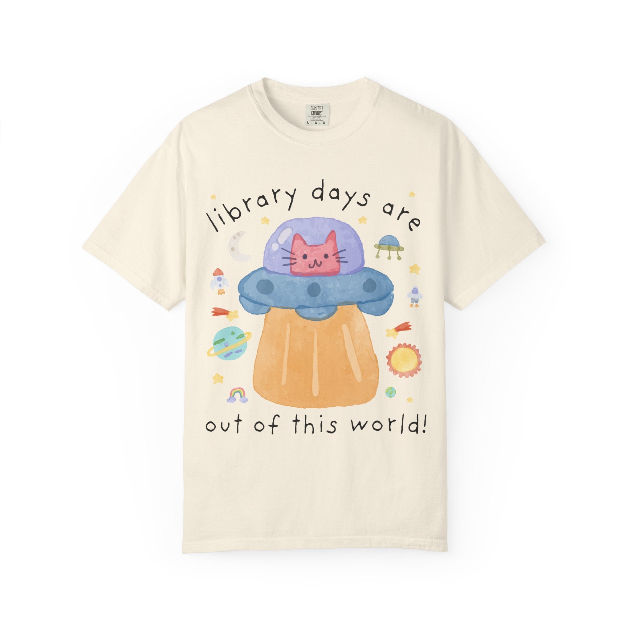 Cute Librarian Tee Shirt, Cat Lover, Funny Saying Bookish Cat Mom or Cat Dad Tee with UFO, Silly Dreamcore Tee, Elementary School Librarian - Opal and June