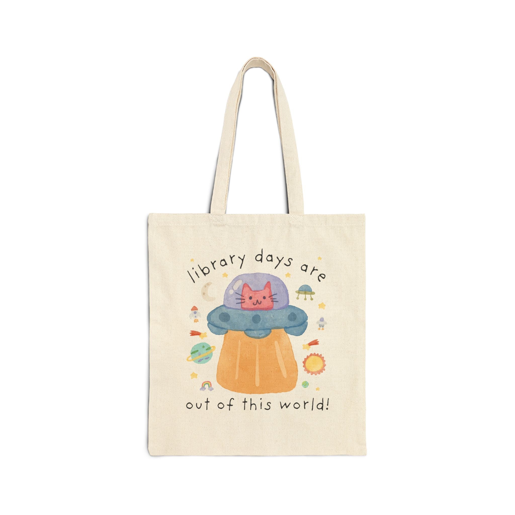 Cute Library Tote Bag for Cat Lover, Funny Saying Bookish Cat Mom or Cat Dad Gift with UFO, Silly Dreamcore, Elementary School Librarian - Opal and June