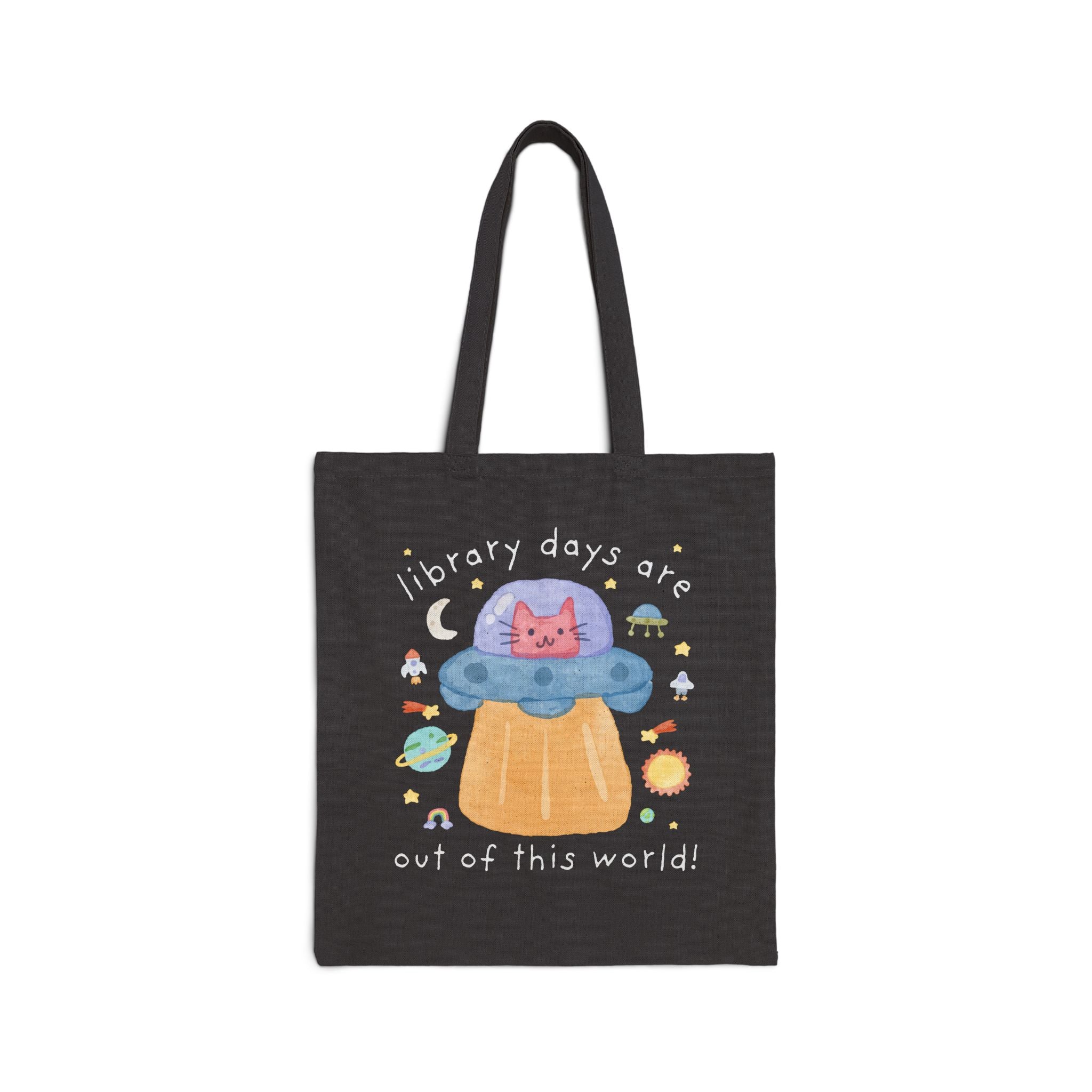 Cute Library Tote Bag for Cat Lover, Funny Saying Bookish Cat Mom or Cat Dad Gift with UFO, Silly Dreamcore, Elementary School Librarian - Opal and June