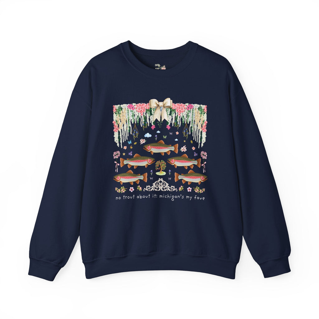 Cute Michigan Sweatshirt with Flowers and Bow: Cottagecore Fish and Boho Apple Shirt, Funny Saying, Butterfly Lover Floral Aesthetic Gift - Opal and June