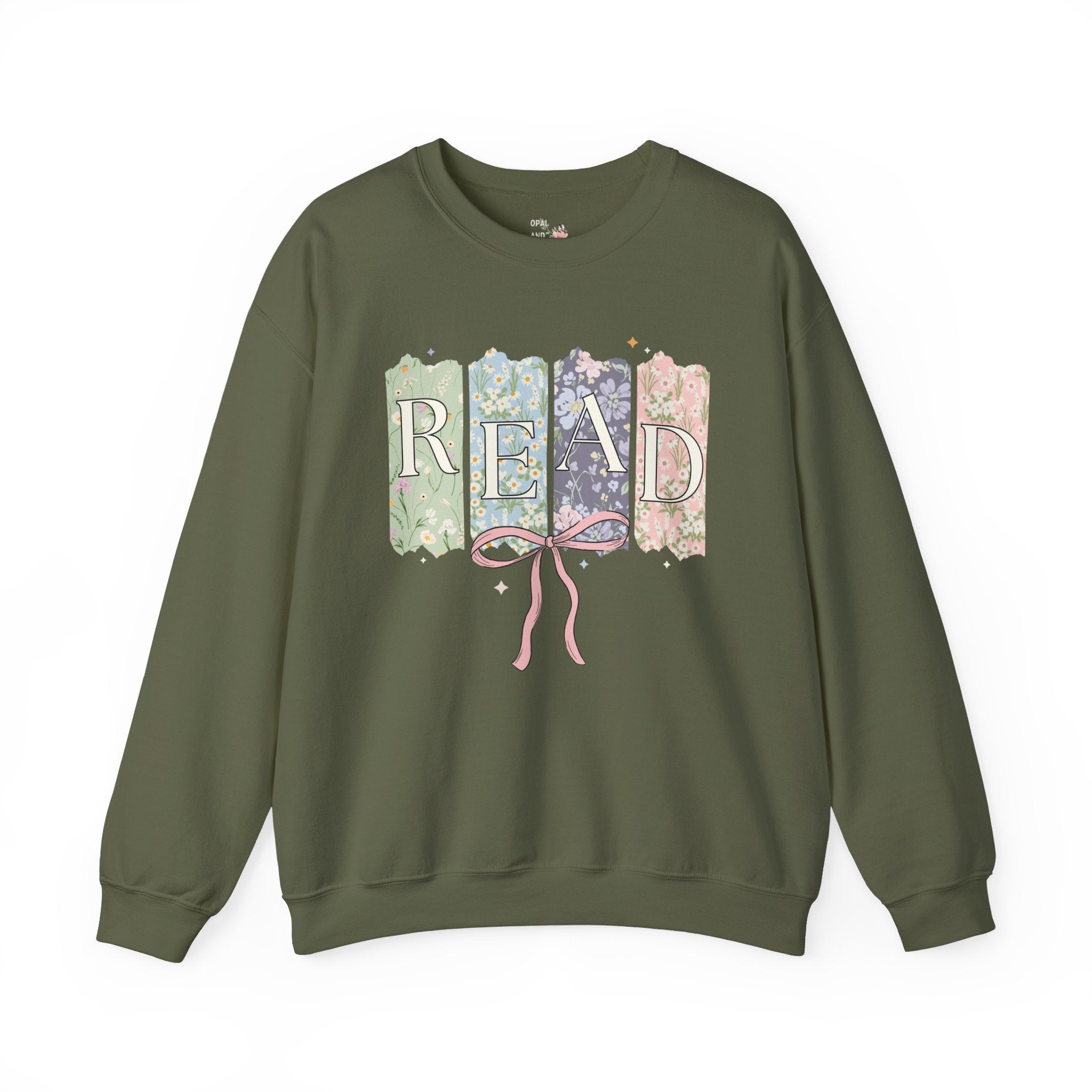 Cute Reading Sweatshirt, Reading Teacher or School Librarian: Colorful Maximalist Book Lover Crewneck with Ribbon, Goblincore Bookworm Gift - Opal and June