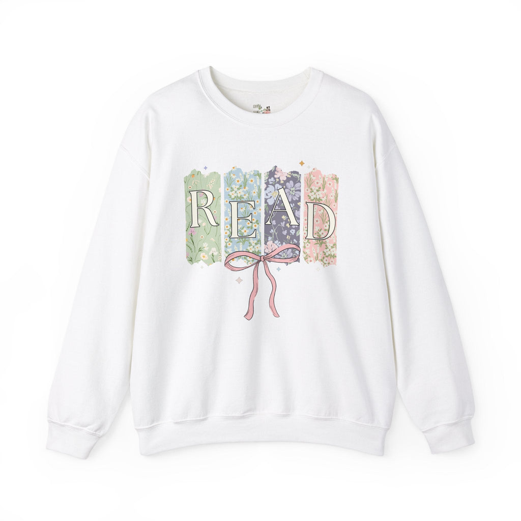 Cute Reading Sweatshirt, Reading Teacher or School Librarian: Colorful Maximalist Book Lover Crewneck with Ribbon, Goblincore Bookworm Gift - Opal and June