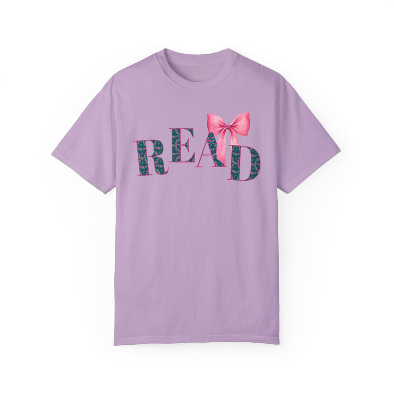 Cute Reading Tee Shirt with Bow and Blue Floral Print: Cozy Bookish T-Shirt with Coquette Ribbon, Pretty Cottagecore Gift, School Librarian - Opal and June