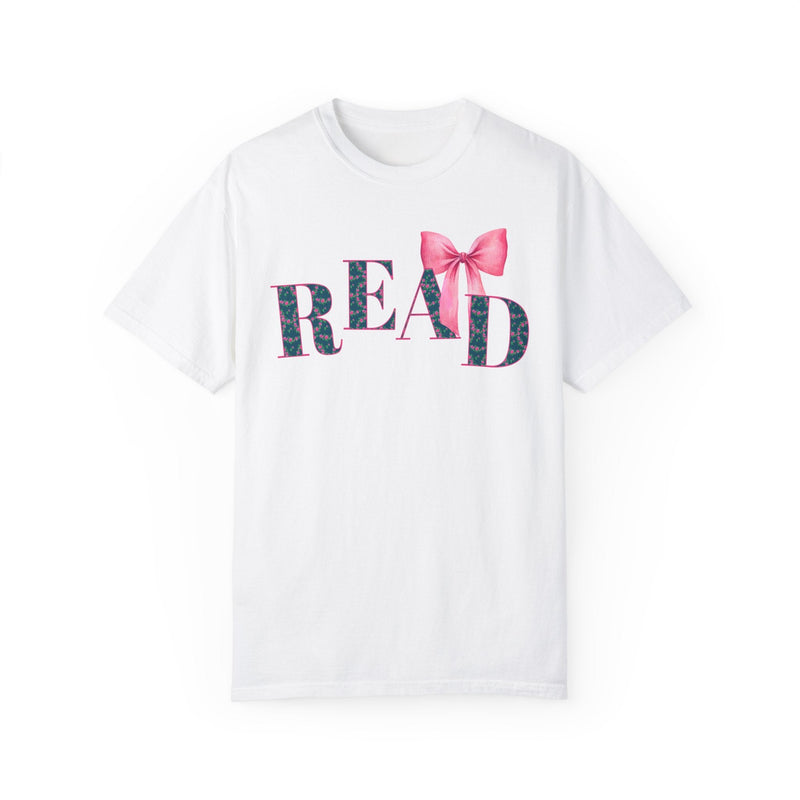 Cute Reading Tee Shirt with Bow and Blue Floral Print: Cozy Bookish T-Shirt with Coquette Ribbon, Pretty Cottagecore Gift, School Librarian - Opal and June