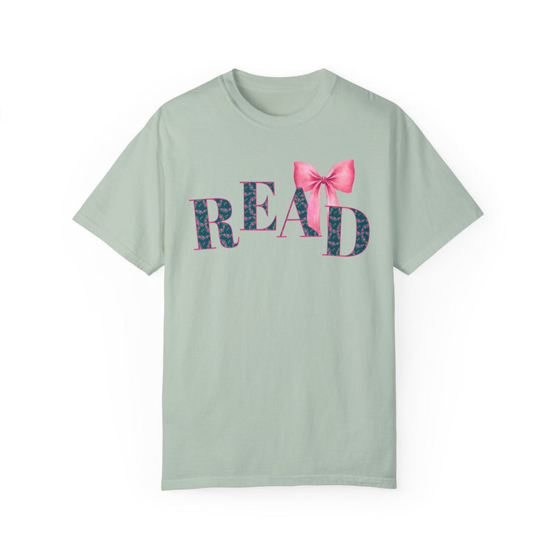 Cute Reading Tee Shirt with Bow and Blue Floral Print: Cozy Bookish T-Shirt with Coquette Ribbon, Pretty Cottagecore Gift, School Librarian - Opal and June