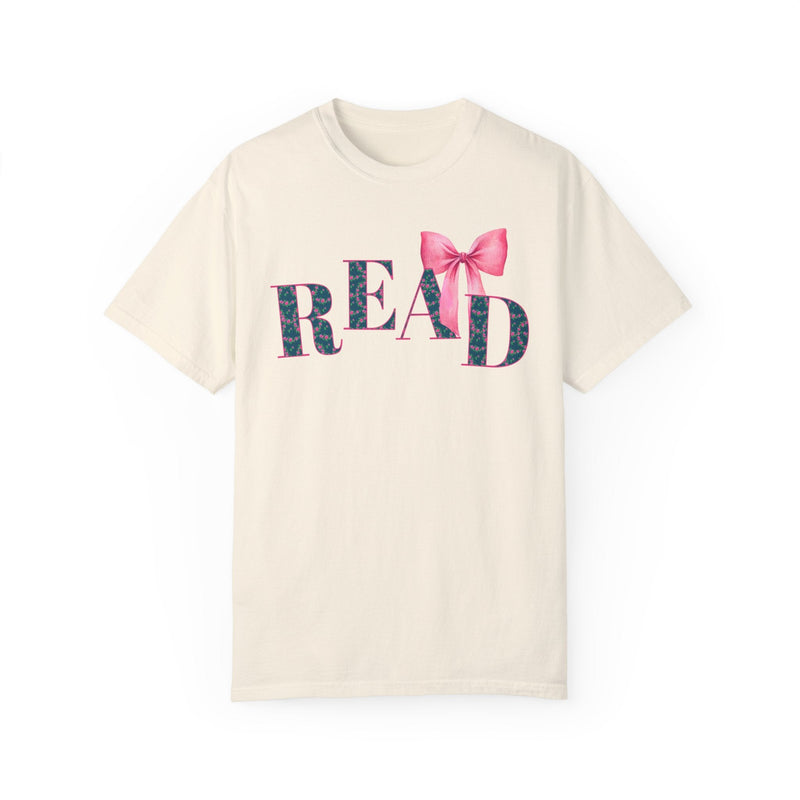 Cute Reading Tee Shirt with Bow and Blue Floral Print: Cozy Bookish T-Shirt with Coquette Ribbon, Pretty Cottagecore Gift, School Librarian - Opal and June