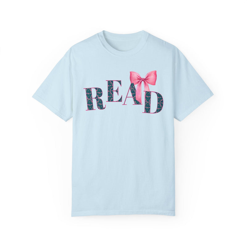 Cute Reading Tee Shirt with Bow and Blue Floral Print: Cozy Bookish T-Shirt with Coquette Ribbon, Pretty Cottagecore Gift, School Librarian - Opal and June