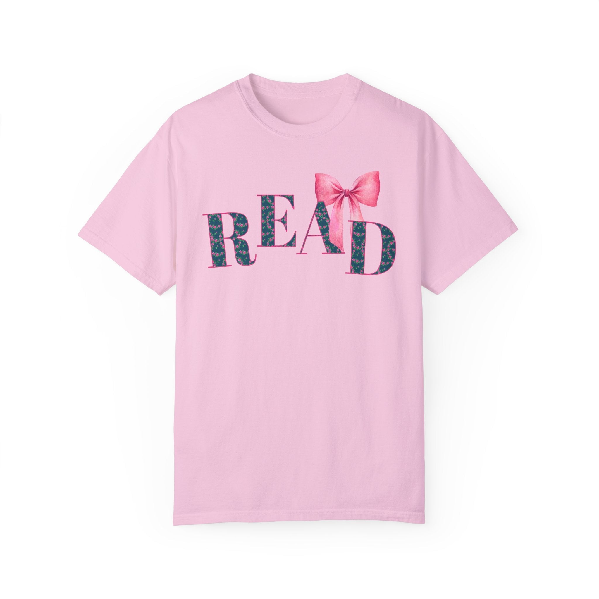 Cute Reading Tee Shirt with Bow and Blue Floral Print: Cozy Bookish T-Shirt with Coquette Ribbon, Pretty Cottagecore Gift, School Librarian - Opal and June