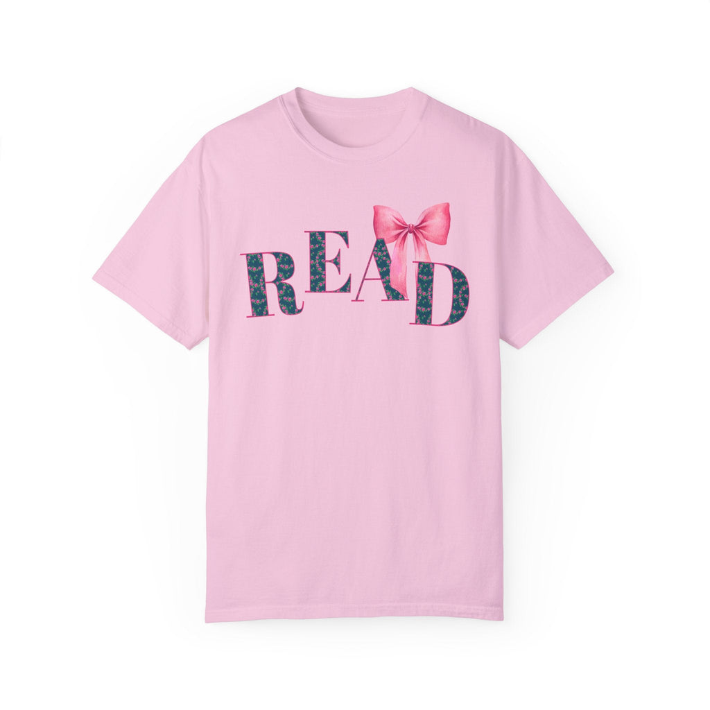 Cute Reading Tee Shirt with Bow and Blue Floral Print: Cozy Bookish T-Shirt with Coquette Ribbon, Pretty Cottagecore Gift, School Librarian - Opal and June